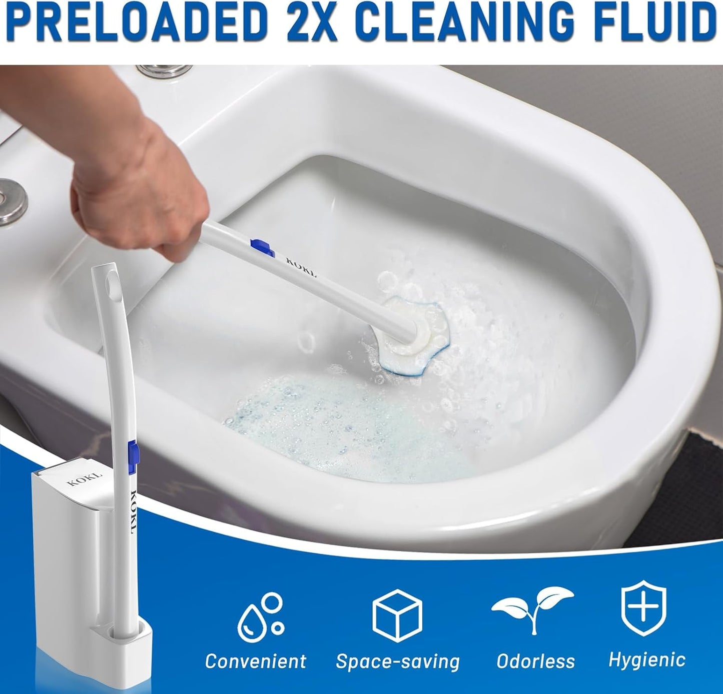 KOKL Disposable Toilet Brush, Toilet Bowl Cleaner Brush with 50PCS Toilet Brush Refills, Toilet Cleaner Refill Pads, Disposable Toilet Bowl Brush and Storage Caddy for Bathroom Cleaning(1-Set)