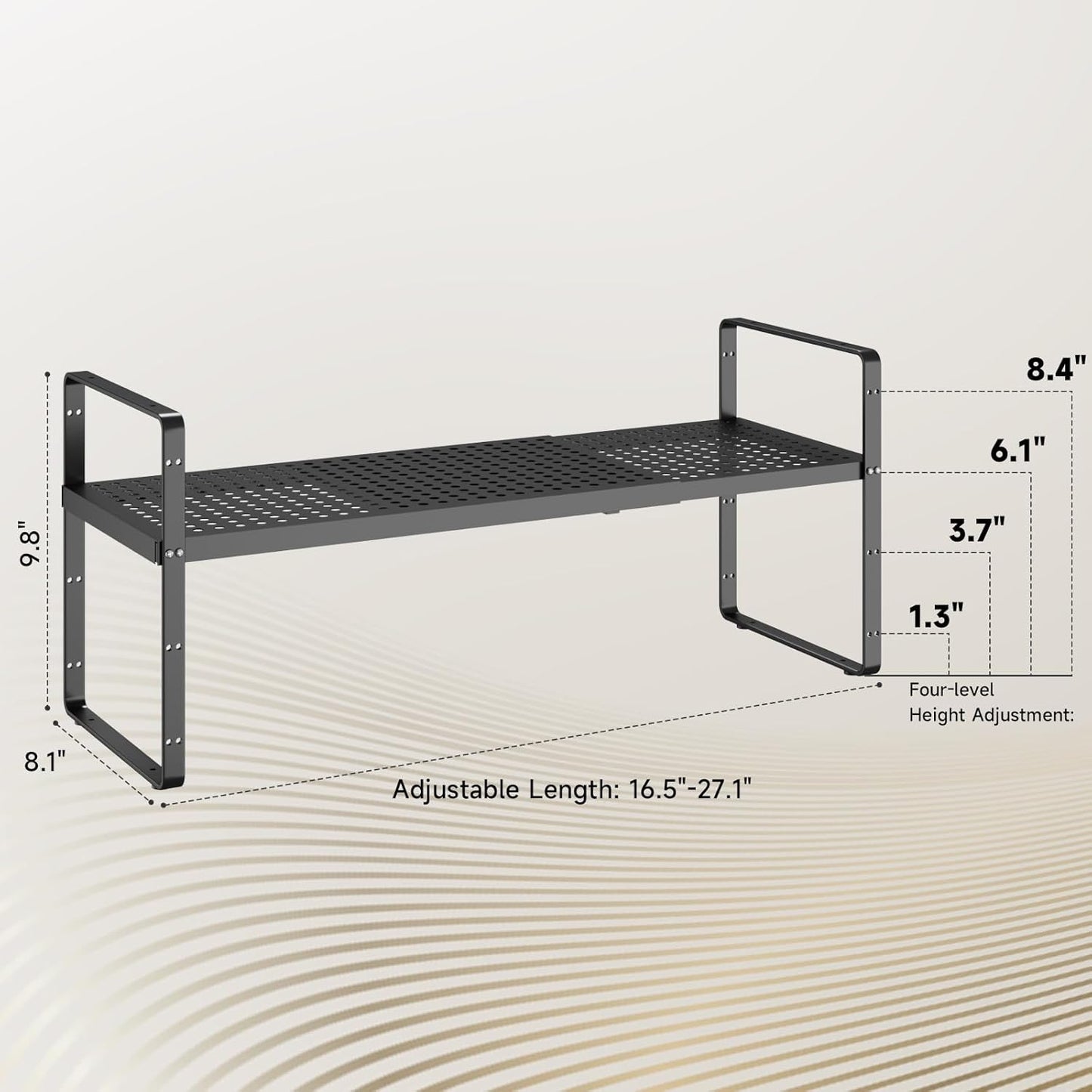 Hole Pattern Expandable Shelf Organizer,2Pack 8.1" Wide Easy to Assemble Cabinet Organizer Shelf, 16.5~27.1" Adjustable Height&Stackable Spice Organization for Cupboard, Black