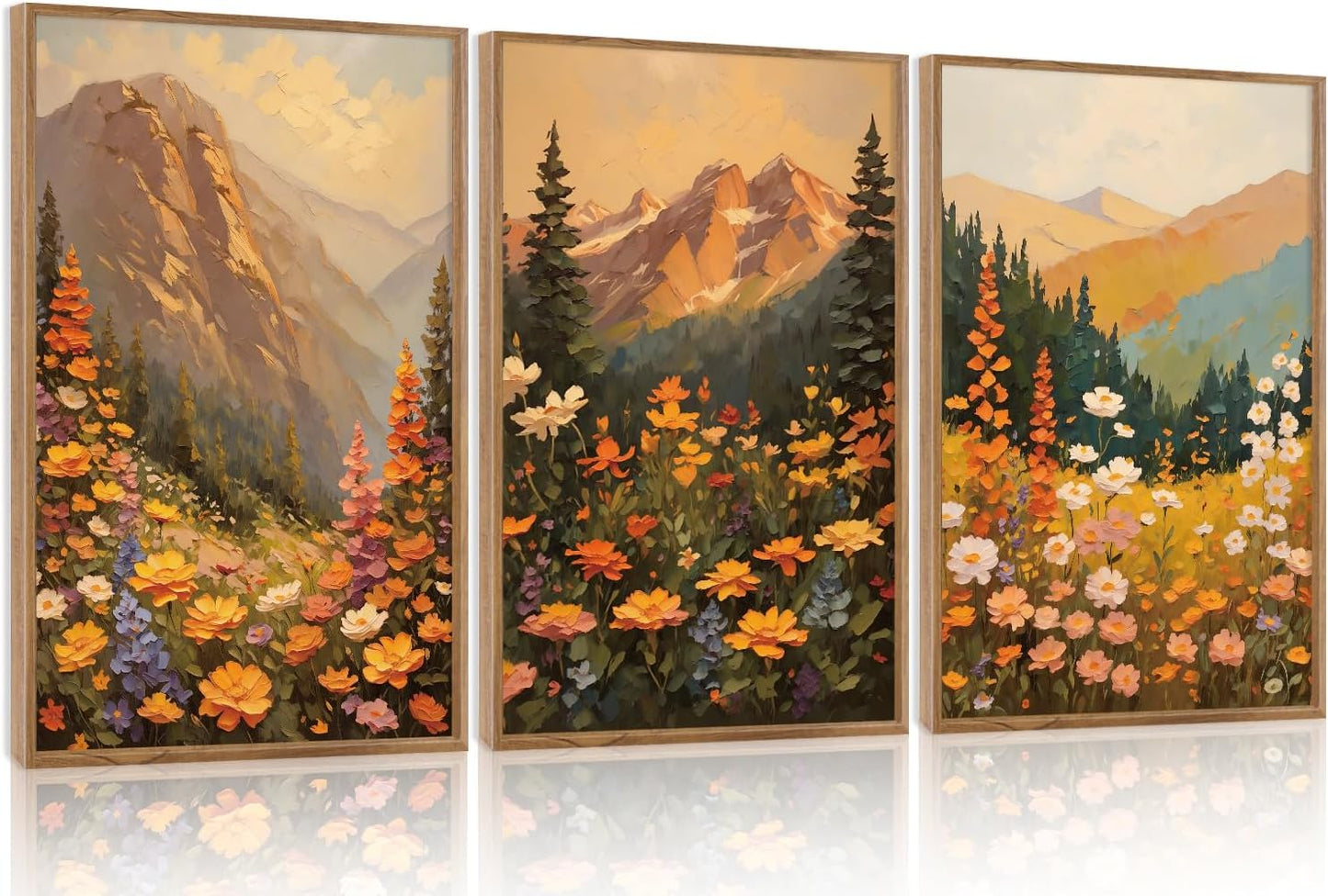 Aurlan Boho Mountain Sunset Landscape Framed Wall Art(16"x24"), 3PCS Large Wildflowers Meadow Canvas Artwork, Colorful Abstract Watercolor Nature Forest Scenery Decor for Home Office Bedroom