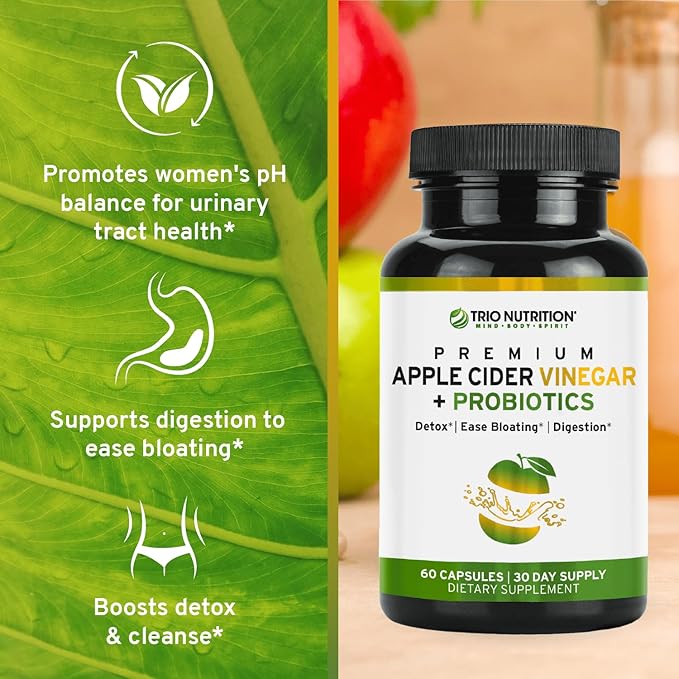 TRIO NUTRITION Apple Cider Vinegar Capsules with Billions of Multi-Strain Probiotics & L-Carnitine - Sugar Free ACV Capsules with The Mother for Gut Health, Immunity, Body Cleanse & Healthy pH*