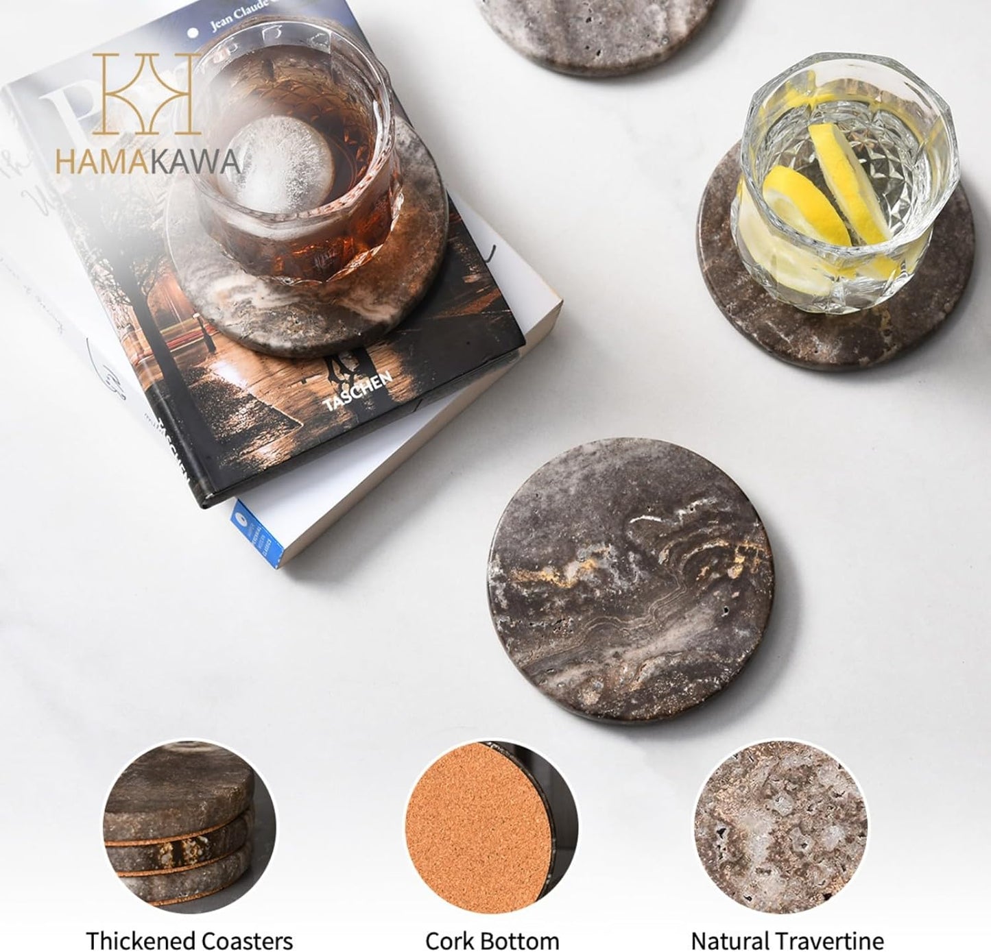 Marble Coasters Set of 4, Natural Gray Stone 4 Inch/10 cm, Modern Round Travertine Drink Coasters for Home Decor, Coffee Table, Office