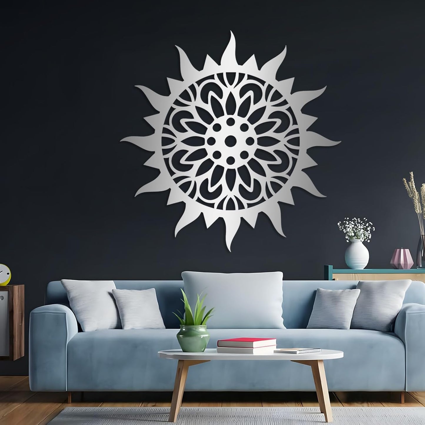 Sunburst Metal Wall Decor, Unique Sun Flower Design, Outdoor & Indoor Wall Art for Living Room, Bedroom, or Patio, Home Decor (Black, 19"x19"|47x47cm)