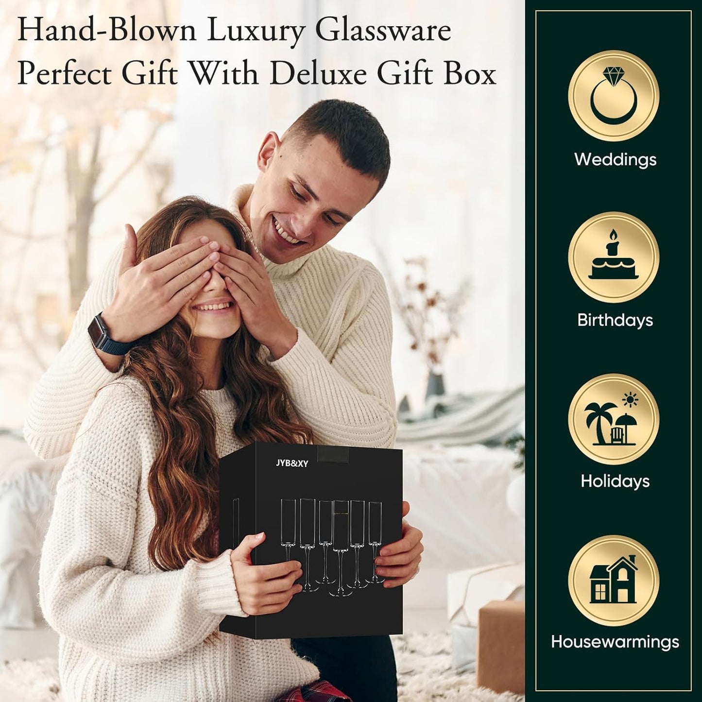 JYB&XY Champagne Flutes Set of 6 Hand Blown Elegant Champagne Glasses With Long Stem Elegant Sparkling Wine Stemware 6.5oz- for Women, Men, Wedding, Anniversary, Christmas, Birthday,Parties