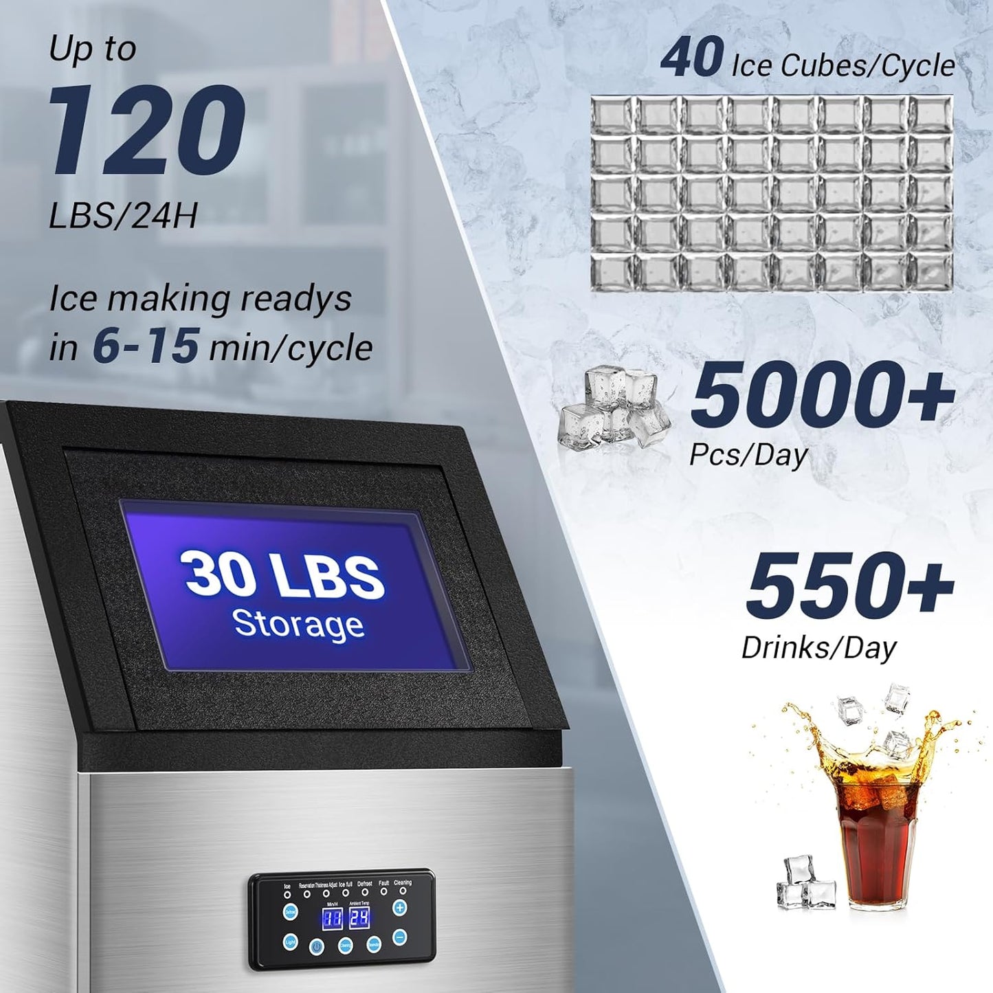 Commercial Ice Maker Machine 120LBS/24H with 30LBS Storage Bin, 15" Wide Undercounter/Freestanding Ice Maker Machine for Home Bar Outdoor, 40PCS Ice Cubes Ice Machine, Self Cleaning