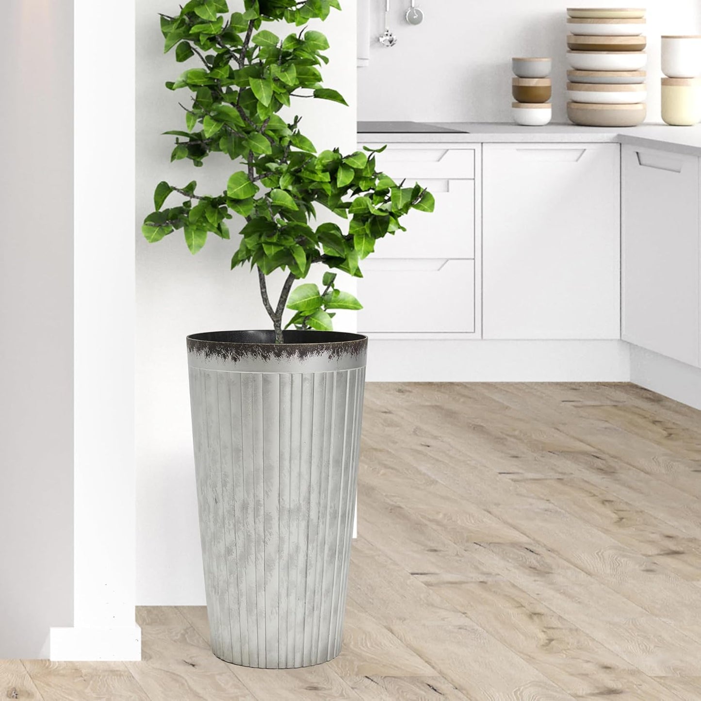 Worth Garden 22.5" H. Plastic Planters - Set of 2 Silver Color Tall Conical Plant Pots for Indoor Outdoor Use - Decorative Lightweight Flower Pots for Front Porch, Patio, Deck - 12.5" Dia x 22.5" H