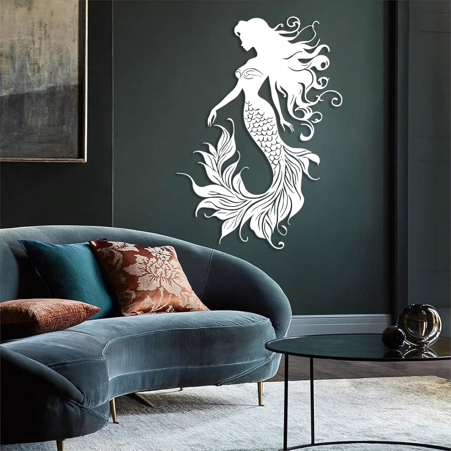 Veplsur Mermaid Metal Wall Art, Metal Mermaid Wall Decor, Marine Biology Wall Decor, Ocean Wall Art, Nautical Wall Hanging, Beach Hanging for Bathroom Bedroom (White, 24"x17"|60x43cm)