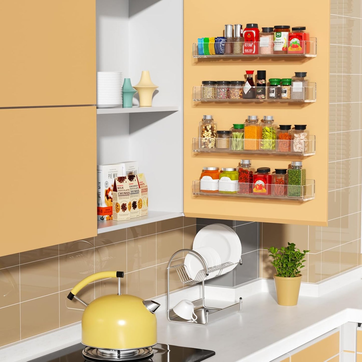 NIUBEE Wall Mounted Spice Rack Organizer,Clear Acrylic Spice Shelf Storage Holder,Hanging Seasoning Rack Organizer for Wall Kitchen 4 Pack