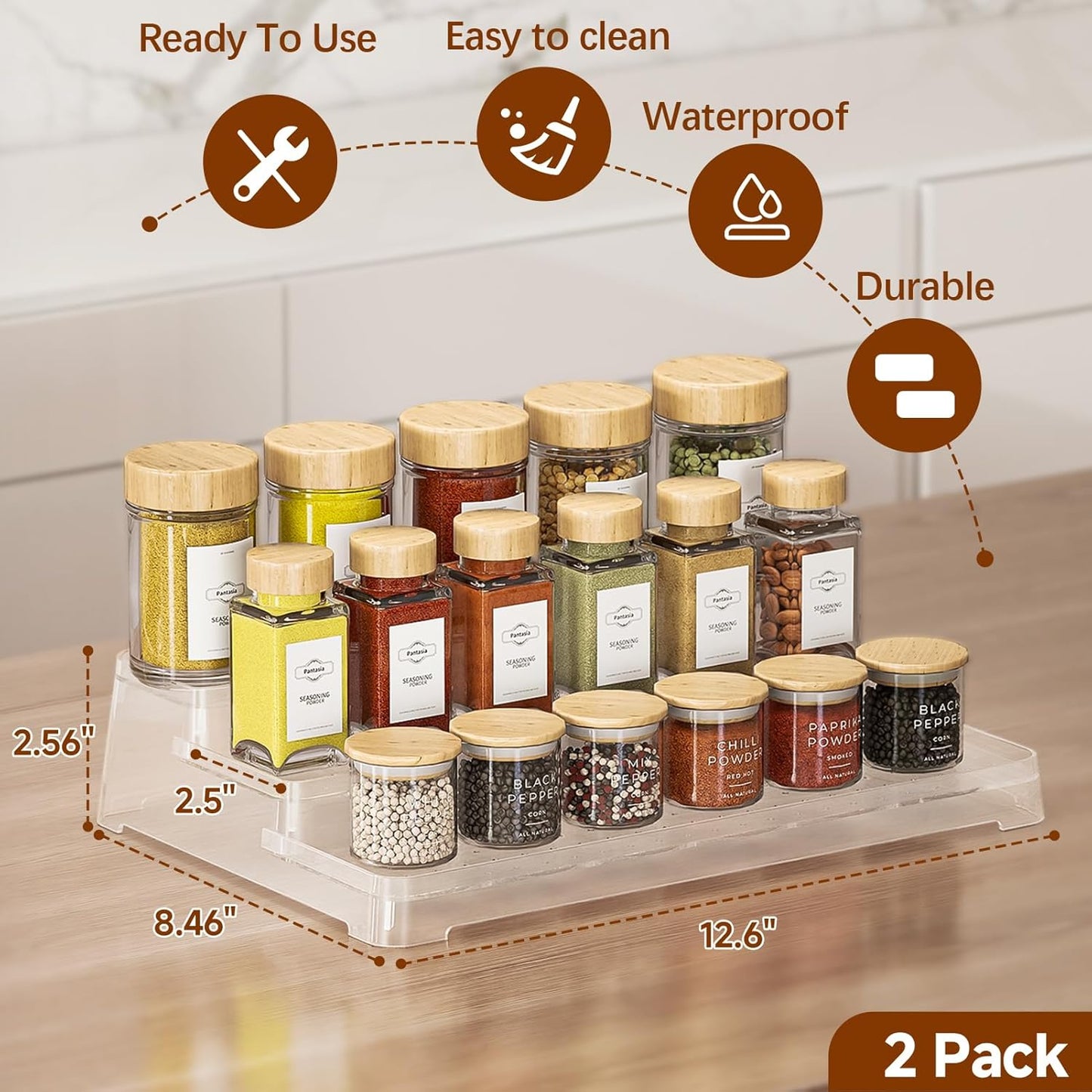 MUDEELA 2 Pack 3 Tier Spice Rack Organizer for Cabinet 11.6-Inch Spice Organization for Pantry, Non-Skid Spice Shelf with Protection Railing, Versatile Seasoning Organizer for Kitchen Counter