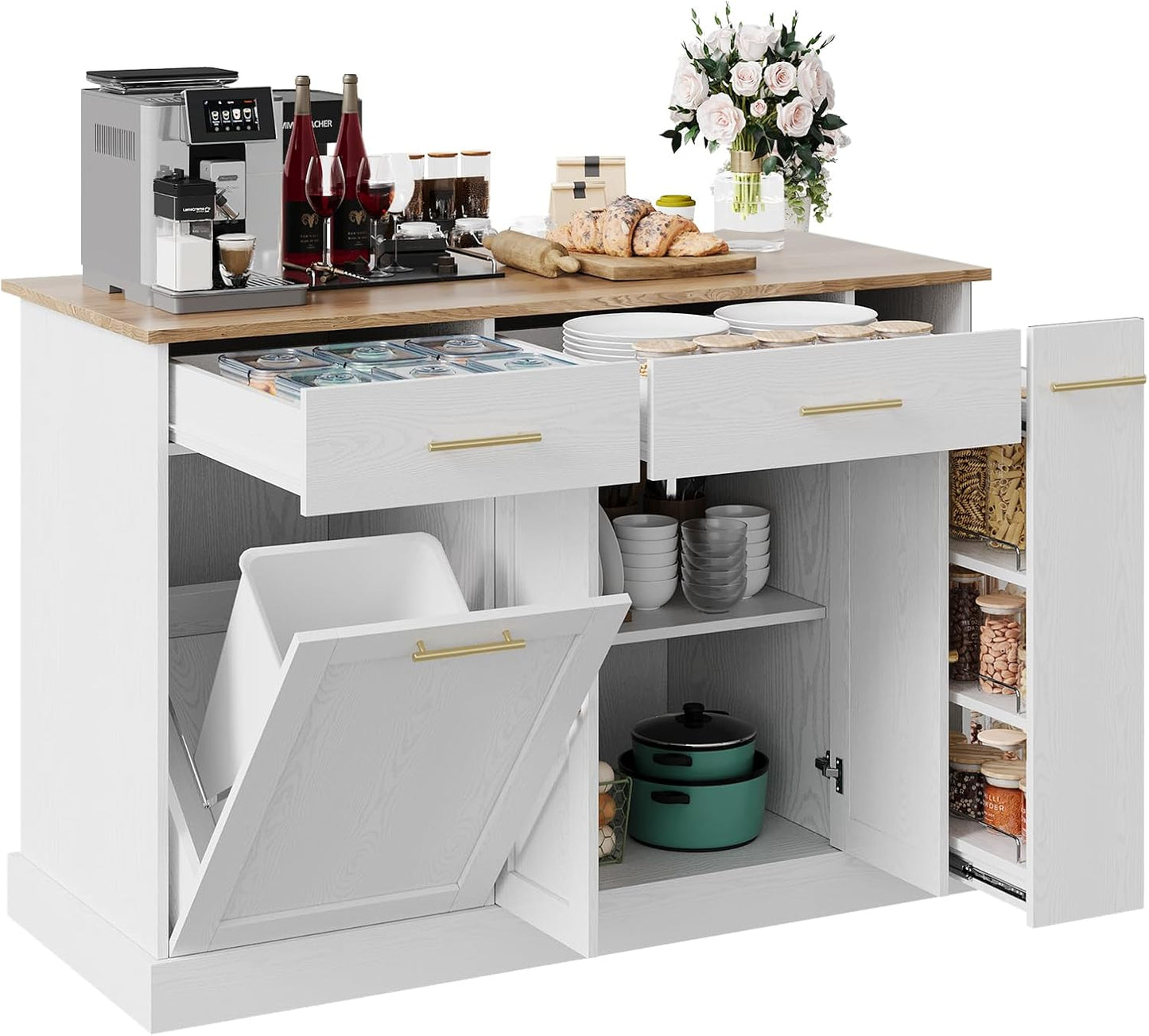 4 EVER WINNER Kitchen Island on Wheels with Storage,Rolling Kitchen Cart with Spice Rack & Towel Rack,Portable Island with Trash Can Storage,Mobile Islands for Dinning Room,White