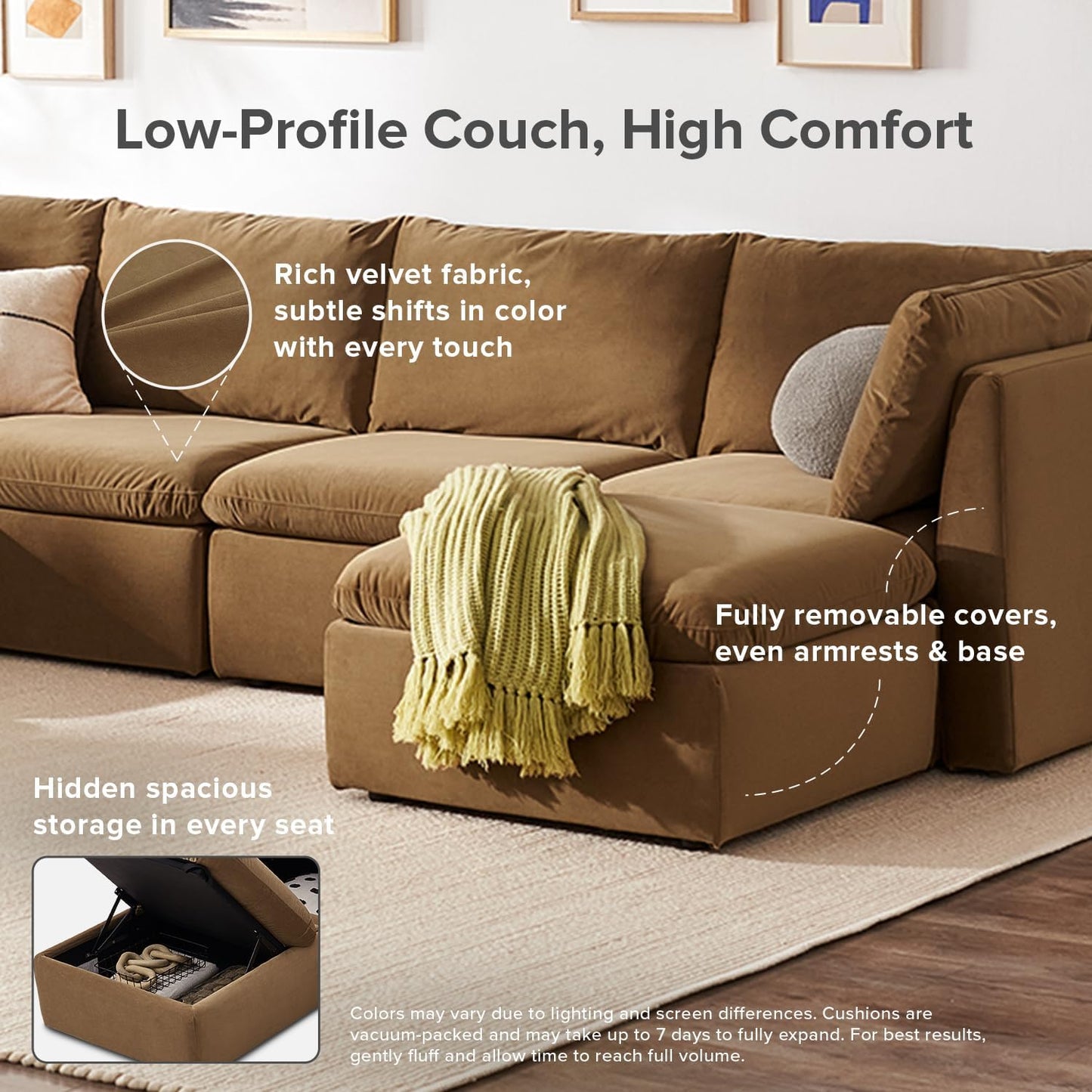 mopio Oversized Modular Sectional Sofa with Fully Removable Covers and Storage, Convertible U, L-Shaped and Sleeper Sectional, Modern Couches with Ottoman Chaise (Hazelnut Velvet, Loveseat)