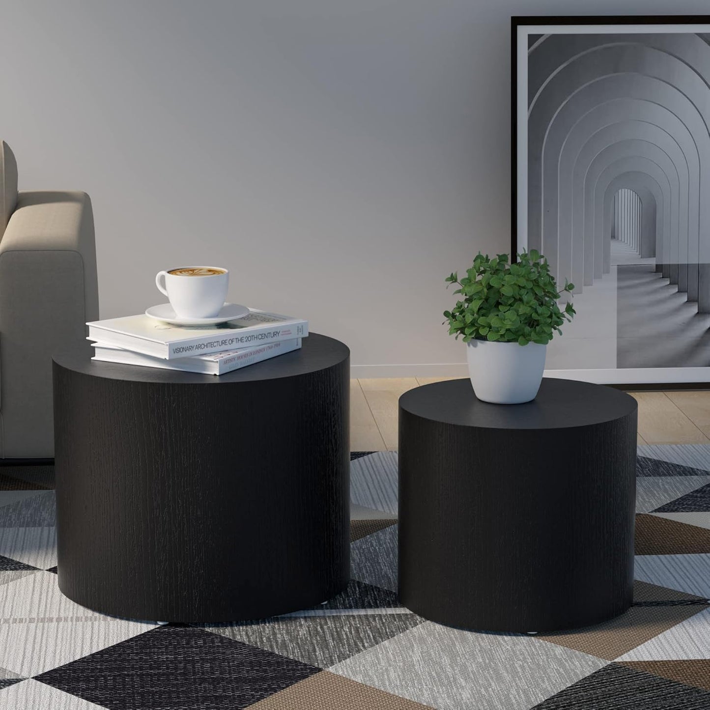 Nesting Coffee Table Set of 2, Round Side Tables Set, Wooden Accent Table, Modern End Tables, Minimalist Circle Table for Small Space Living Room Bedroom, Black