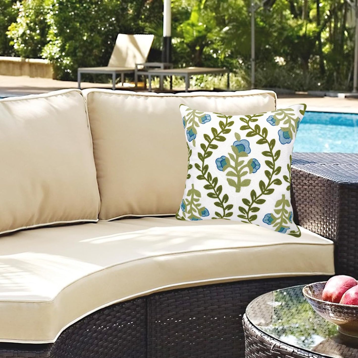 Alysheer Floral Embroidered Summer Decorative Throw Pillow Cover 18"x 18", Farmhouse Cottage Blue Flowers Green Leaves Knit Pattern Cotton Canvas Cushion Case for Sofa Couch Bed Living Room Decor