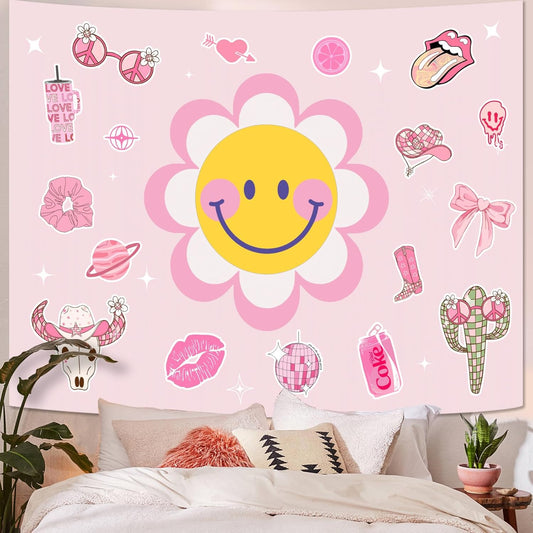Lunerfex Y2K Tapestry Pink Sun Wall Tapestry, Cute Tapestries for Bedroom Funny Tapestries Wall Hanging for Bedroom Living Room Decor Pink-7 44"x60"