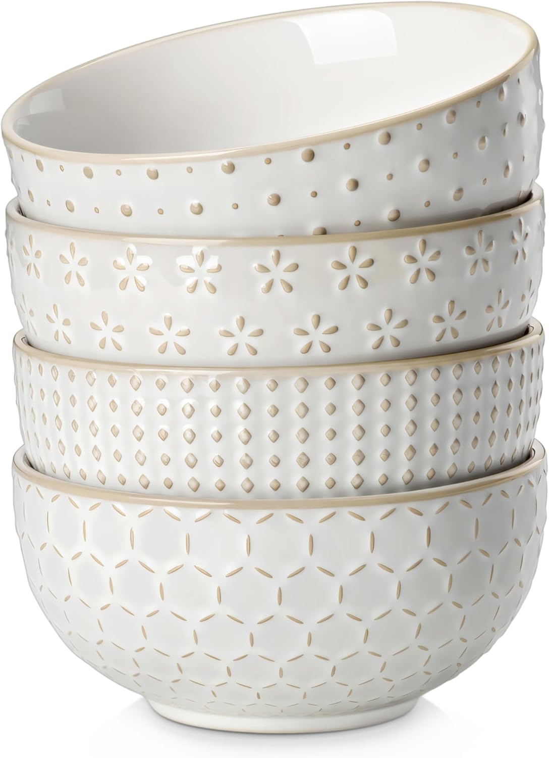 MALACASA Cereal Bowls, 30 Ounce Ceramic Soup Bowl for Kitchen, Stoneware Bowls Set of 4 with Embossment for Pho, Chip, Fruits, Salad, Noodle, Ramen - 6 Inch, Arctic White Series LYDIA