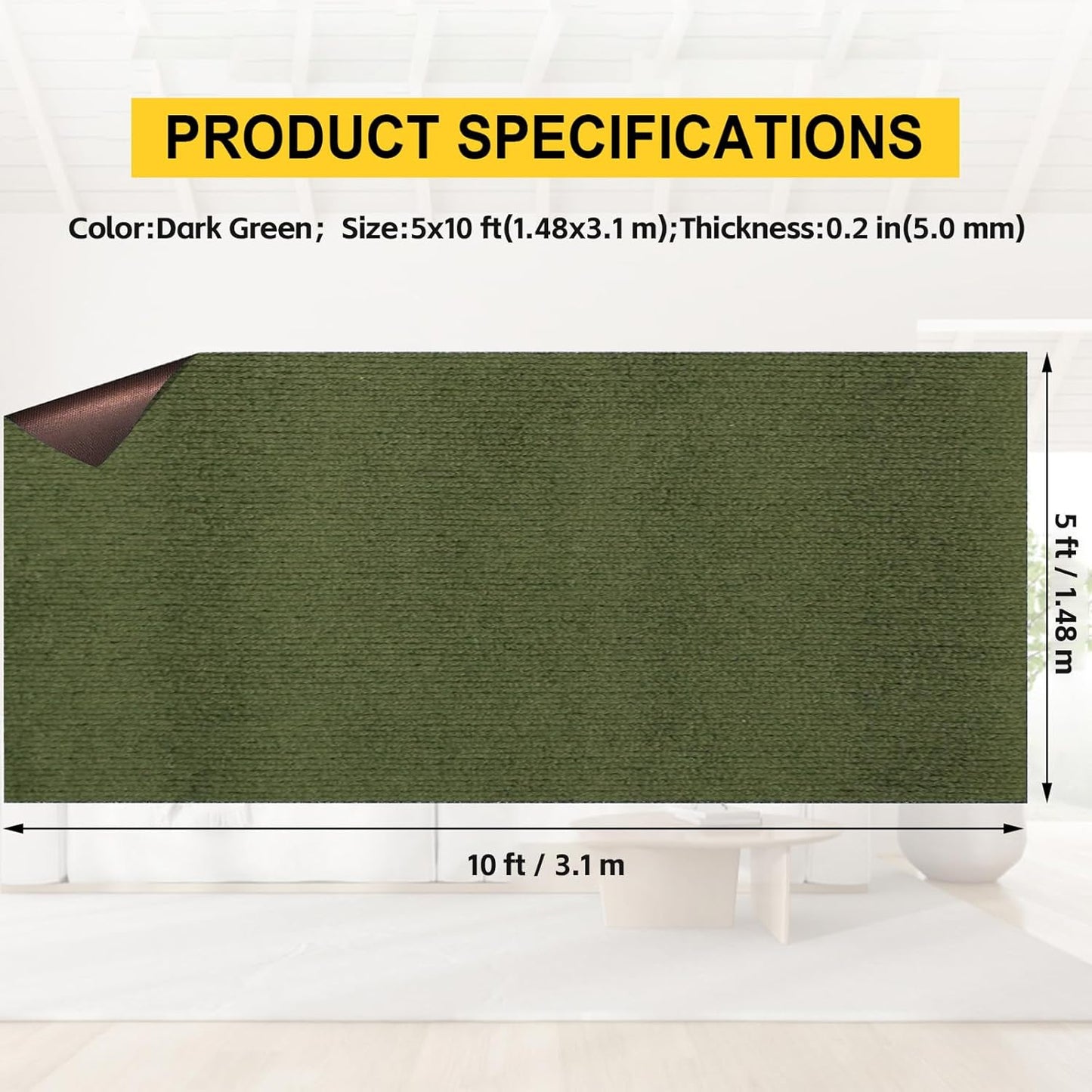 Marine Carpet,5 FT x 10 FT Olive Green Indoor Outdoor Carpet 0.2" Thick with Water-Proof TPE Backing, Non-Slide for Home, Patio, Porch, Deck