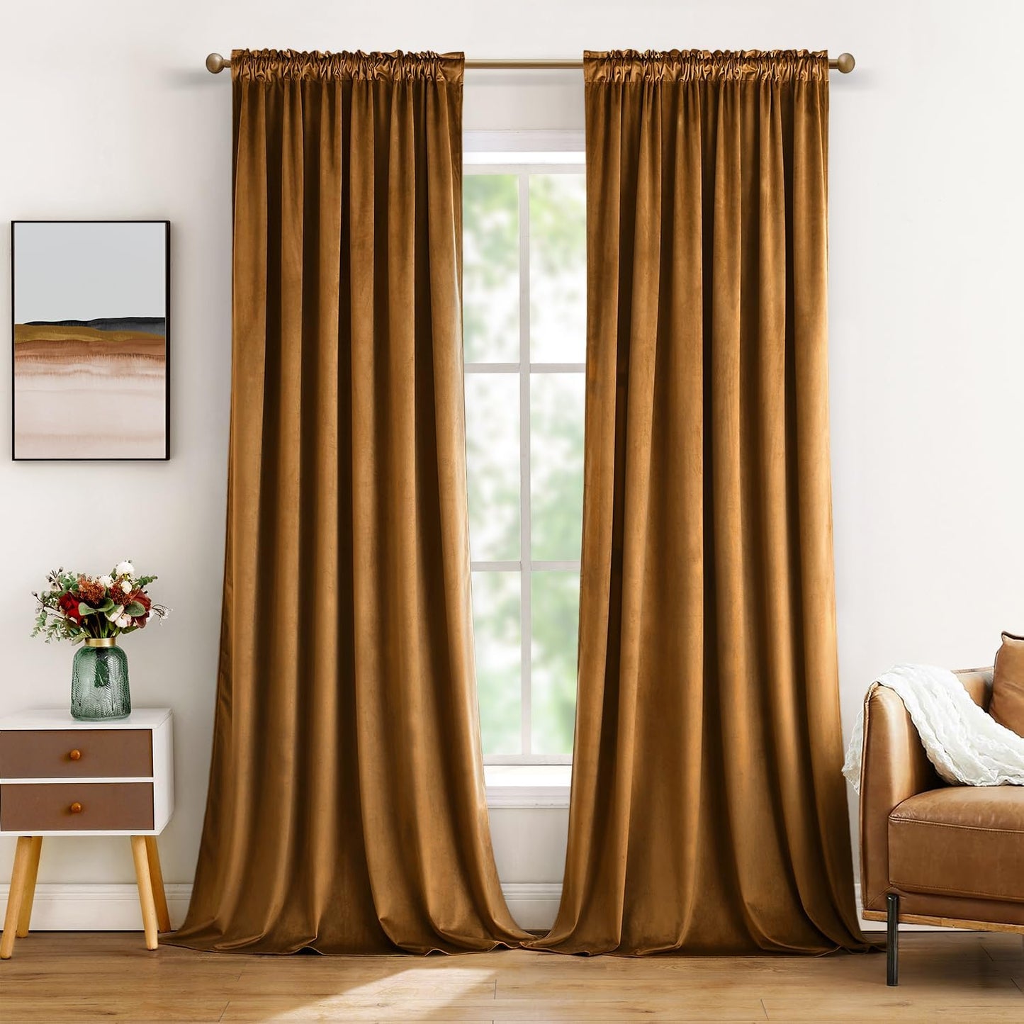 MIULEE Golden Brown Velvet Curtains Thermal Insulated Blackout Curtain Drapes for Bedroom Living Room Darkening 108 Inches Long Curtains Panels Rod Pocket Set of 2