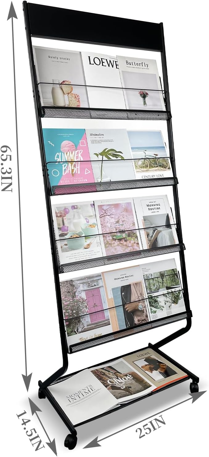 Tongmo Floor-Standing Magazine Rack 4-Layer with Wheels, Brochure Display Stand, High-hardness metal for Office,Exhibitions, and Any Organization Requiring Information Display (black)