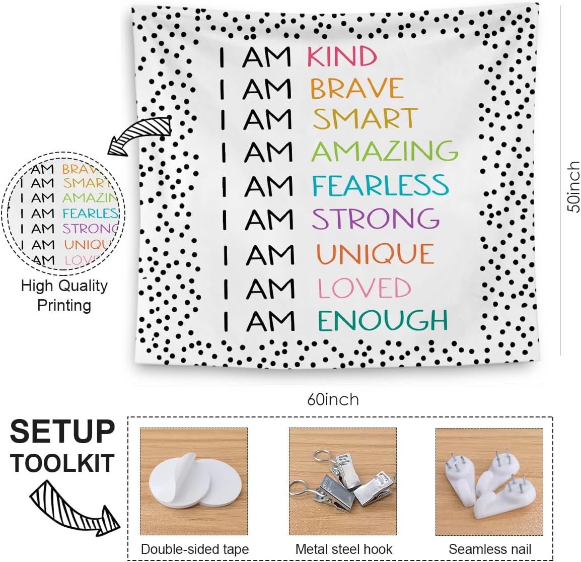 QGFM Positive Affirmations Wall Decor, I am Kind Brave Smart Inspirational Tapestry Wall Hanging for Classroom Nursery Kids Room Playroom Decor, Positive Affirmations for Kids, 50x60 Inches