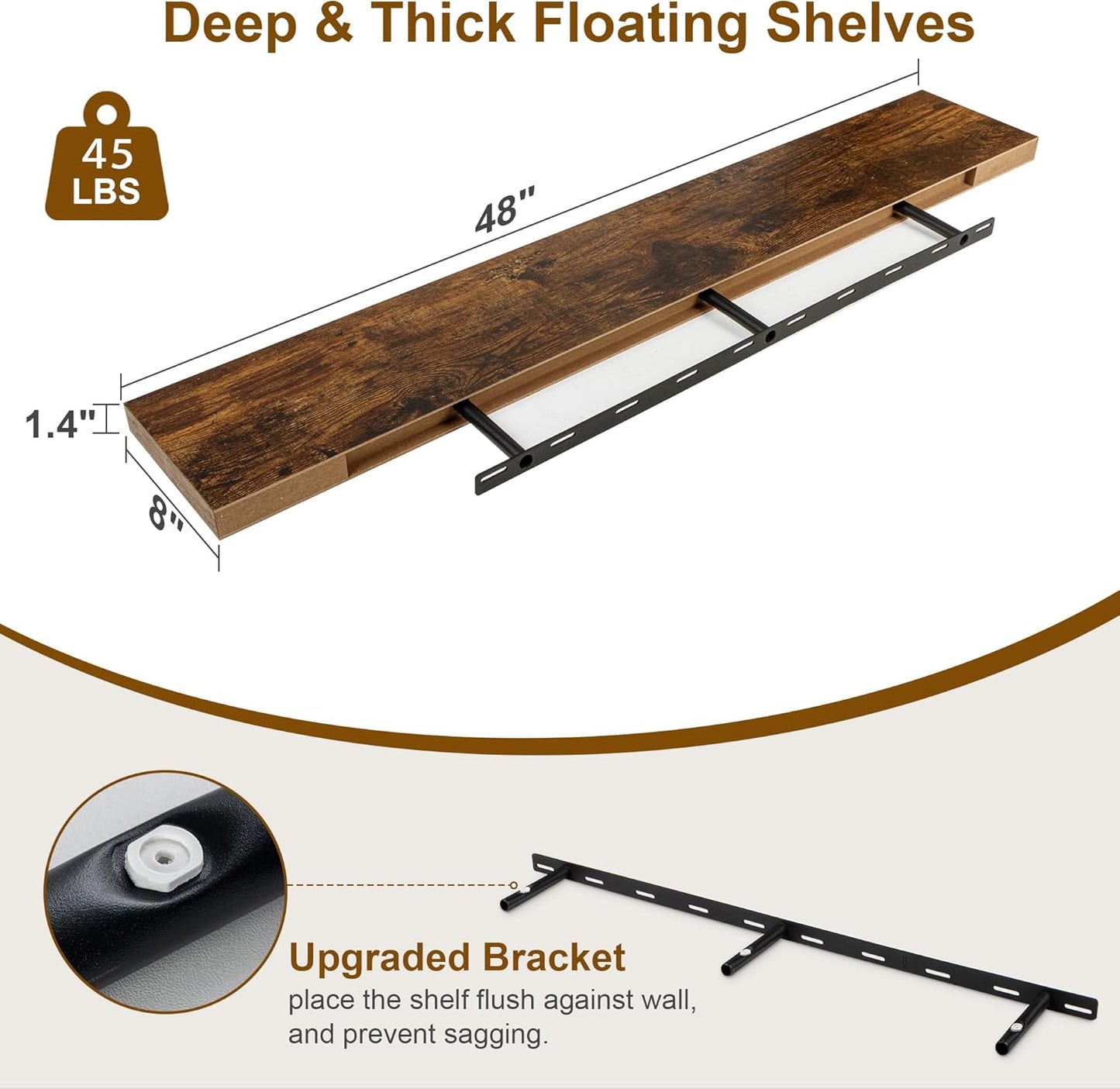 Fun Memories Floating Shelves, 8 Inch Deep Floating Shelves, Rustic Wood Fireplace Mantel 48 in Long, 48 x 8 Floating Wall Shelves for Living Room, Kitchen, Bedroom, Rustic Brown, 1 Pack