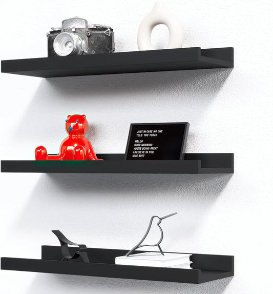 RICHER HOUSE 3 Set Floating Shelves for Wall, Black Wall Mounted Shelves with Lip for Storage, Display Picture Ledge Shelf for Bedroom Bathroom Kitchen Living Room Decor, Modern Black