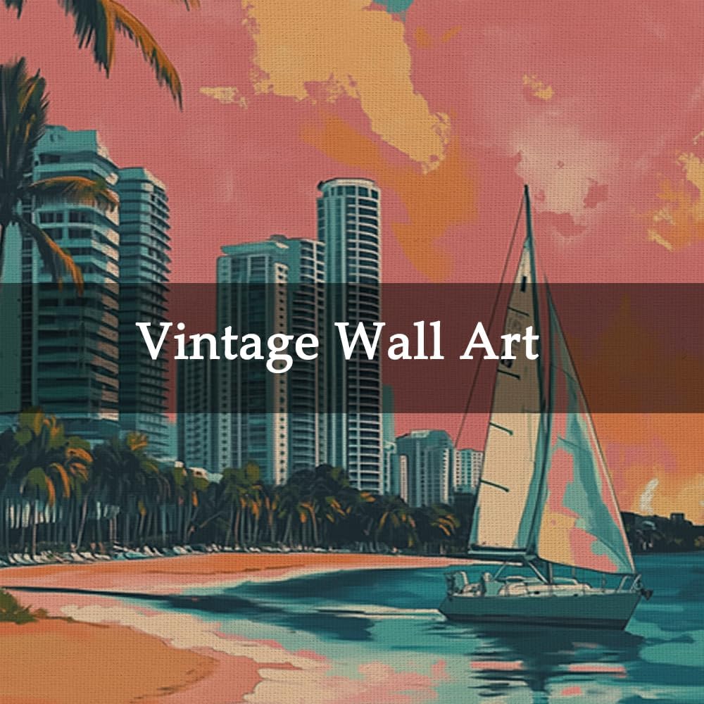 WREVERW Vintage Miami Poster Canvas Print with Wooden Hanger Frame, Featuring Palm Trees, High-Rise Buildings, and Sailboats, Wall Art for Home and Office Decor, 16x23 inches