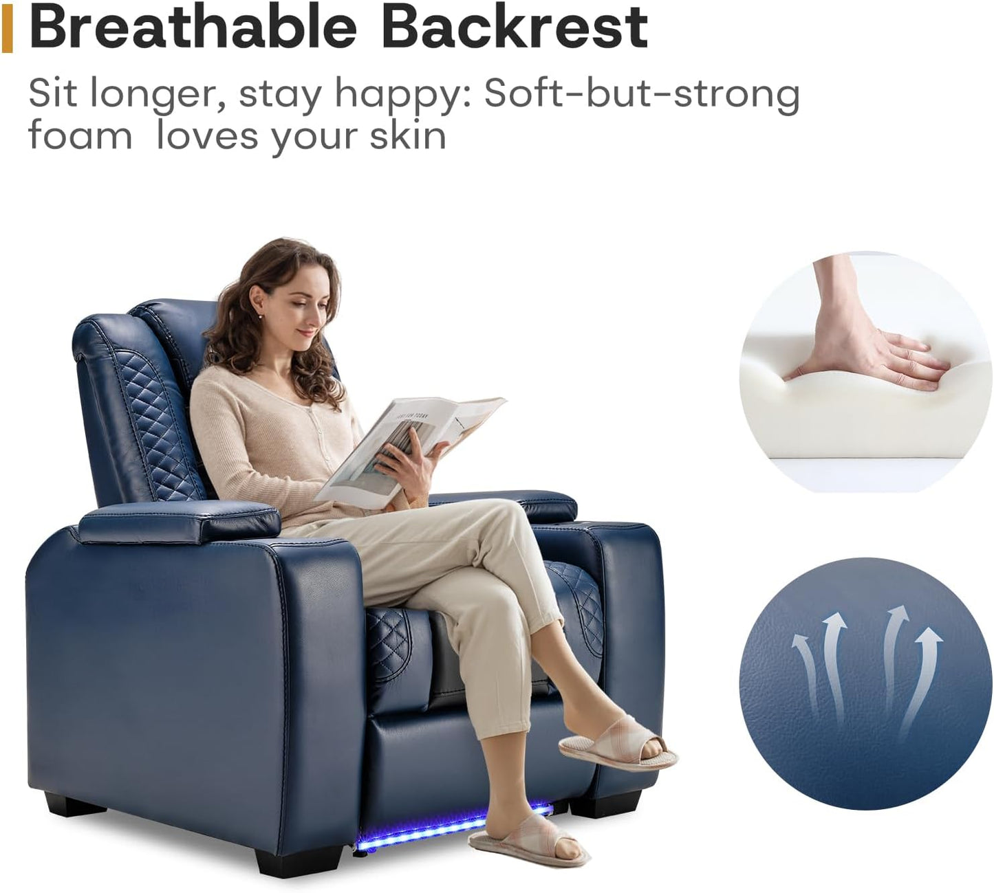 ANJ Power Home Theater Seating Set of 2, Blue Faux Leather Electric Recliner Chair with Powered Headrest, Dual Motors Movie Reclining Chairs with LED Lights,USB Port,Cup Holders, Hidden Arm Storage