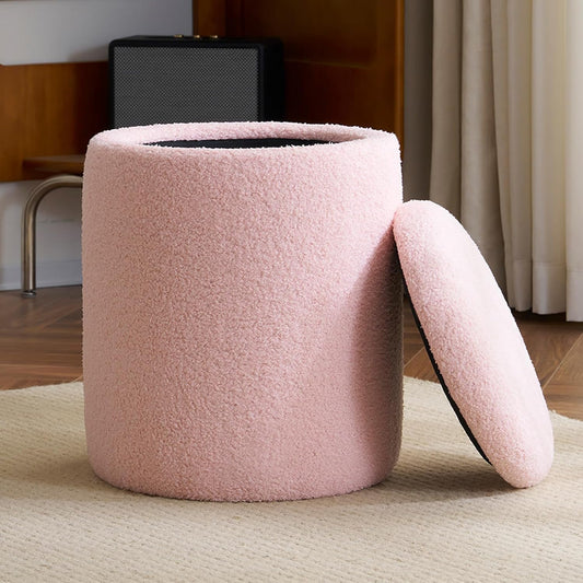 YFO Round Ottoman with Removable Lid Upholstered, Multifunctional Vanity Chairs for Makeup, Soft Footrest Stool Ottoman Foot Stool for Living Room, Bedroom, Boucle, Pink
