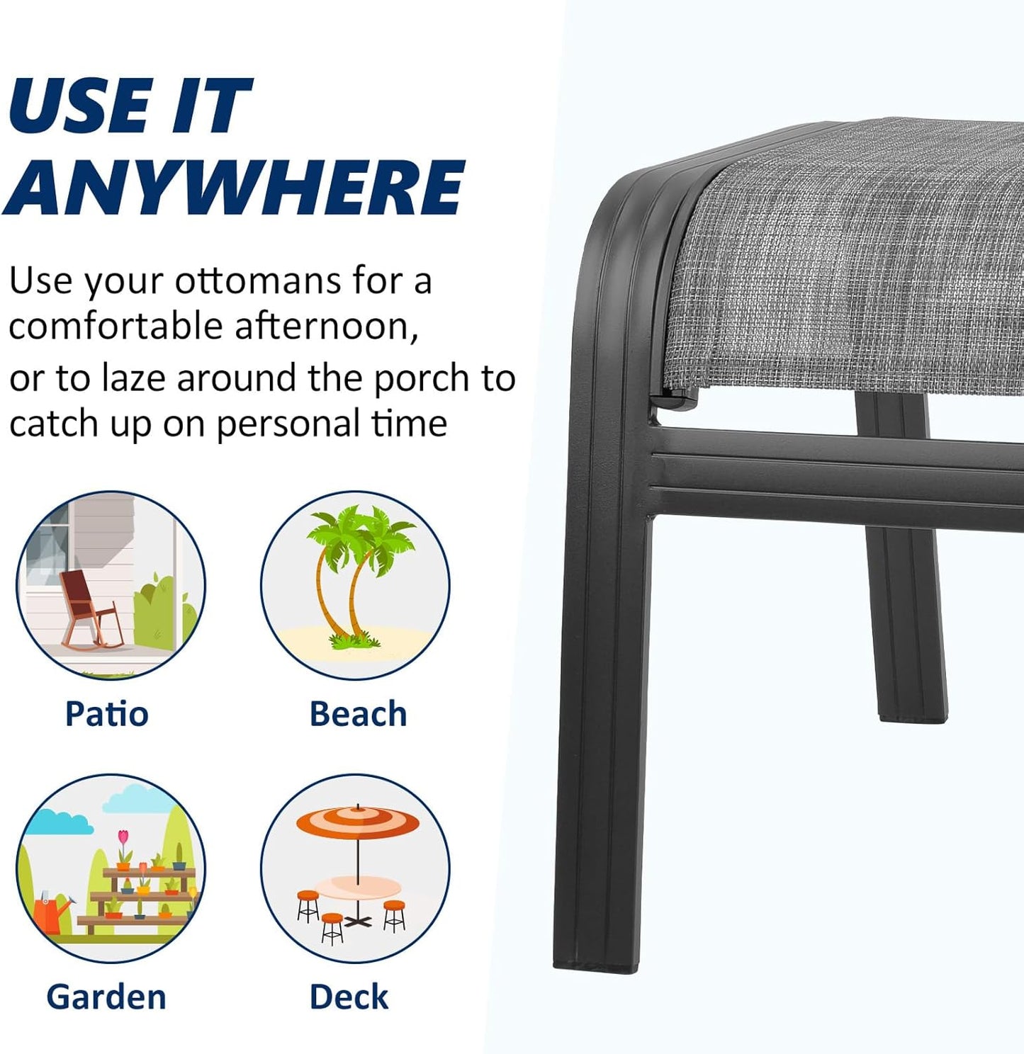 Outdoor Patio Ottoman Seat Textilene Portable Metal Footstool Portable Footrest Patio Chairs 2 Set New Grey