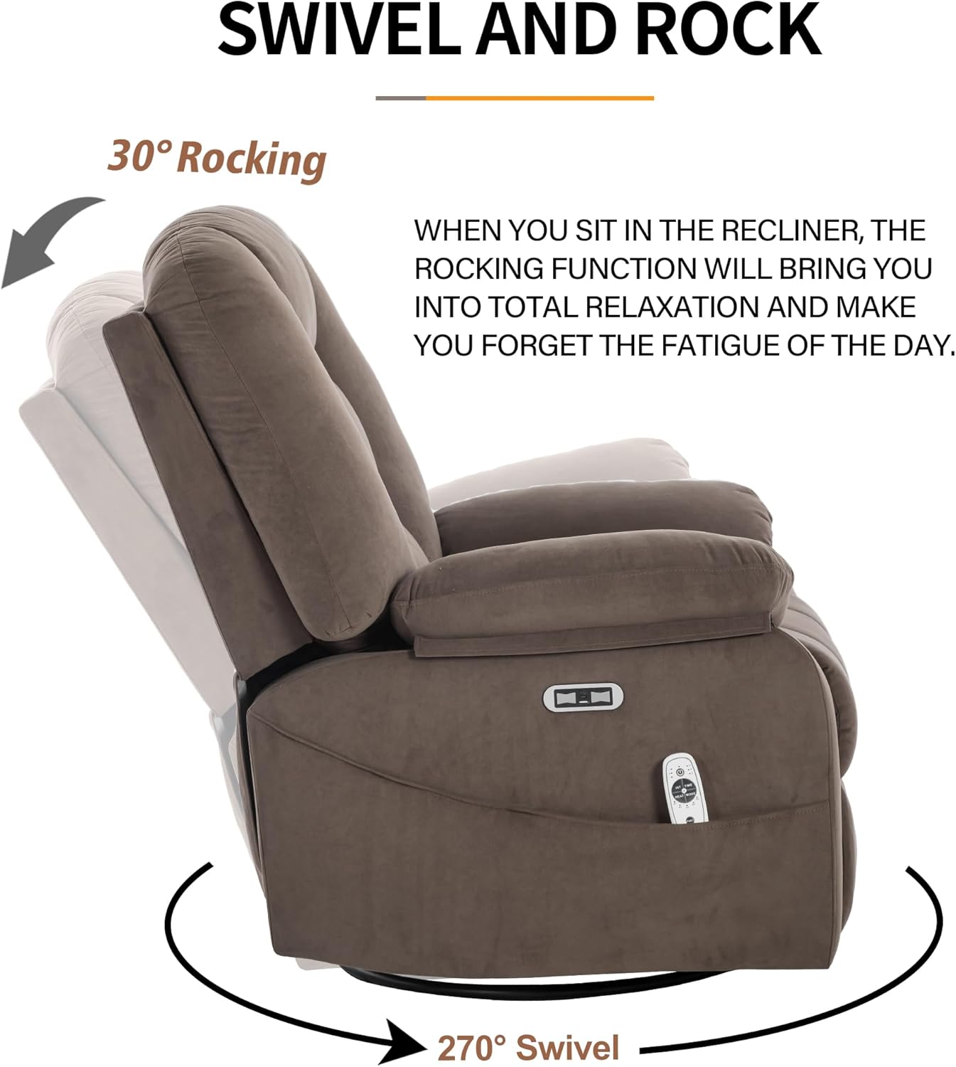 Power Swivel Rocker Recliner Chair for Adults,Rocking Recliners Chairs with Massage and Heat for Living Room, Electric Fabric Reclining Sofa Chair with USB and Type-C Port (Fabric Brown)
