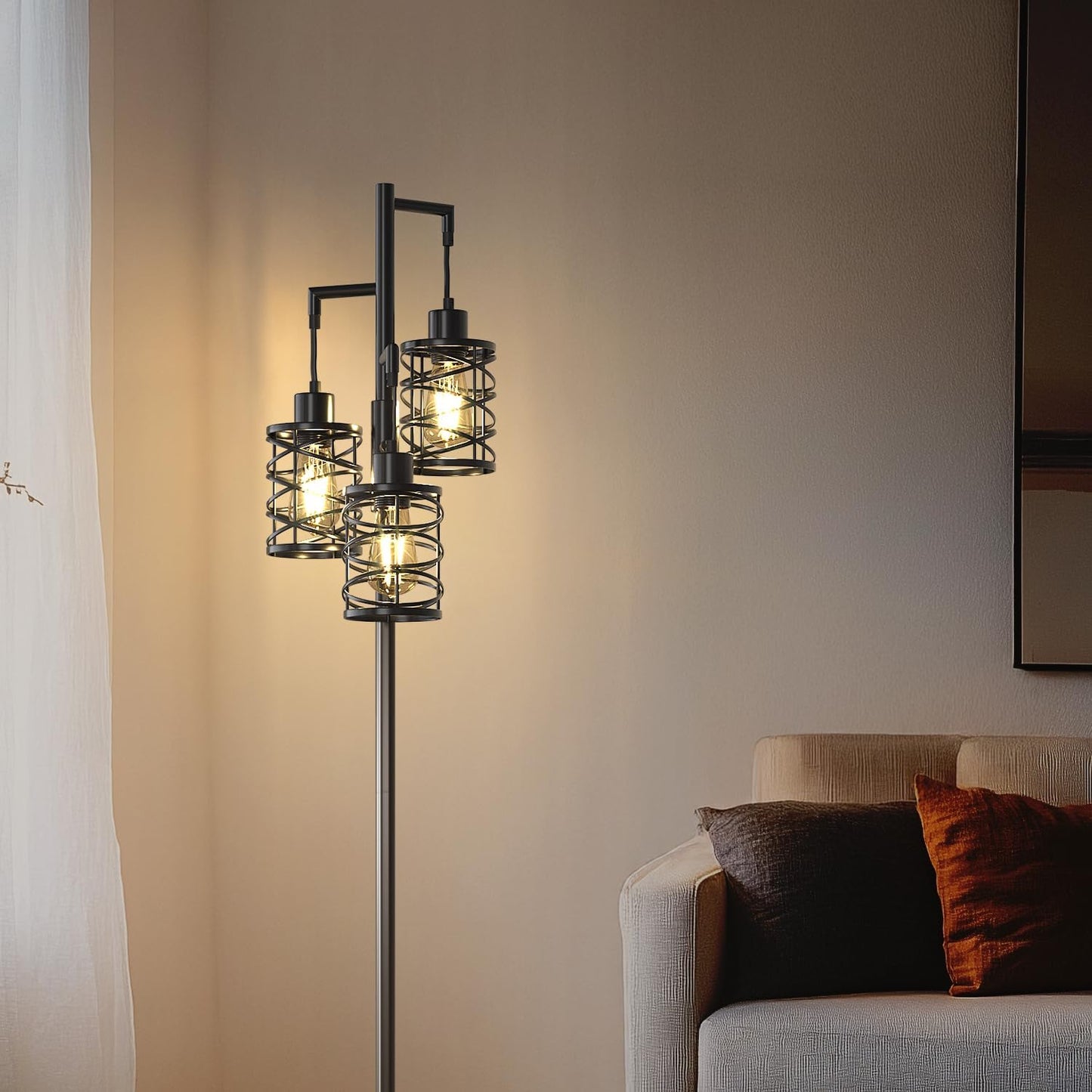 Oneach 70" Industrial Floor Lamp, Stepless Dimmable Standing Lamp with 3 Bulbs, Farmhouse Corner Standing Tree Lamp for Living Room, Tall Lamps for Bedroom, Office, Study Room, Dining Room, Black