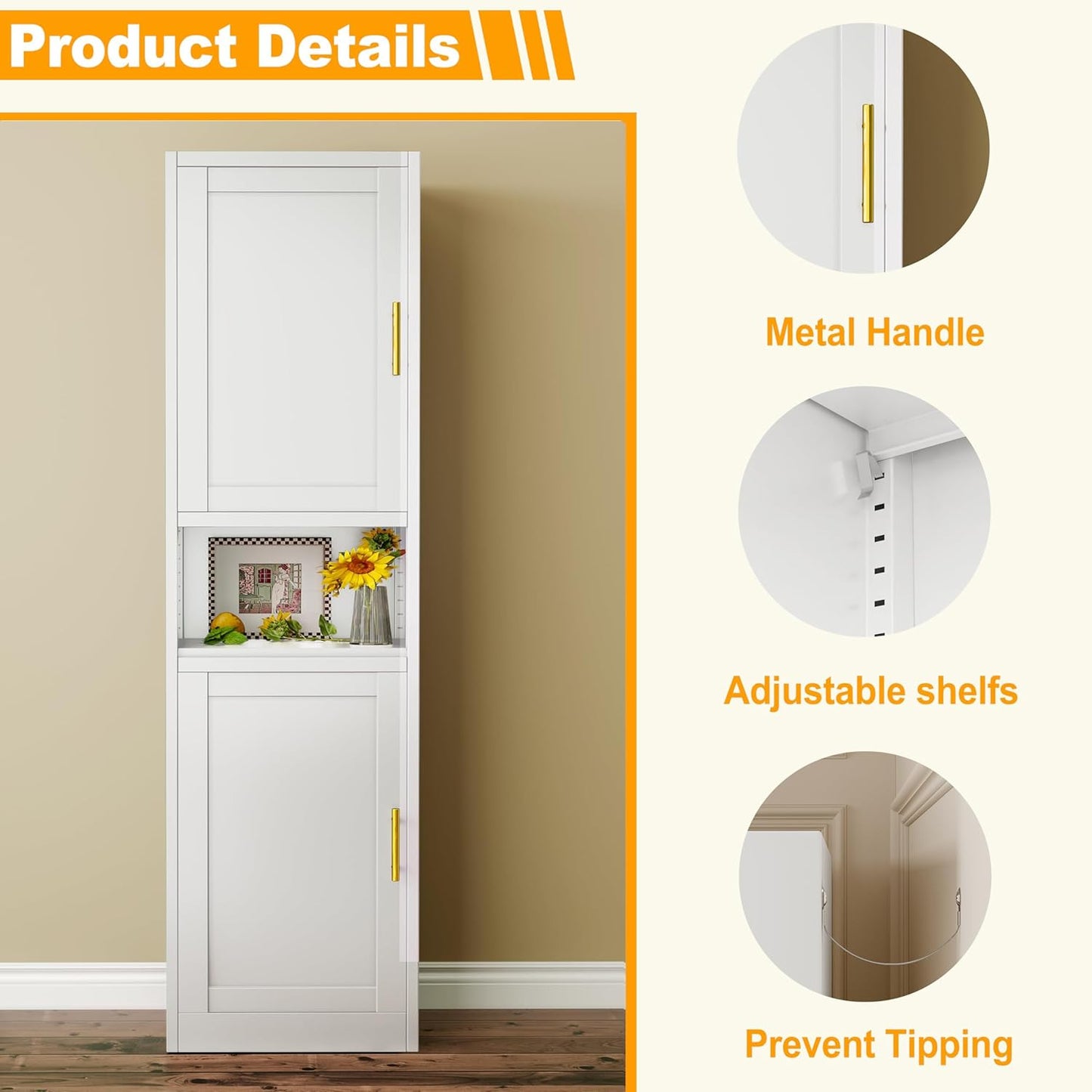 Tall Narrow Storage Cabinet 66.93" H Tall Bathroom Cabinet Metal Pantry Cabinets, 4 Adjustable Shelves for Kitchen, Home Office, Living Room, Dinning Room (20 inches Wide White)