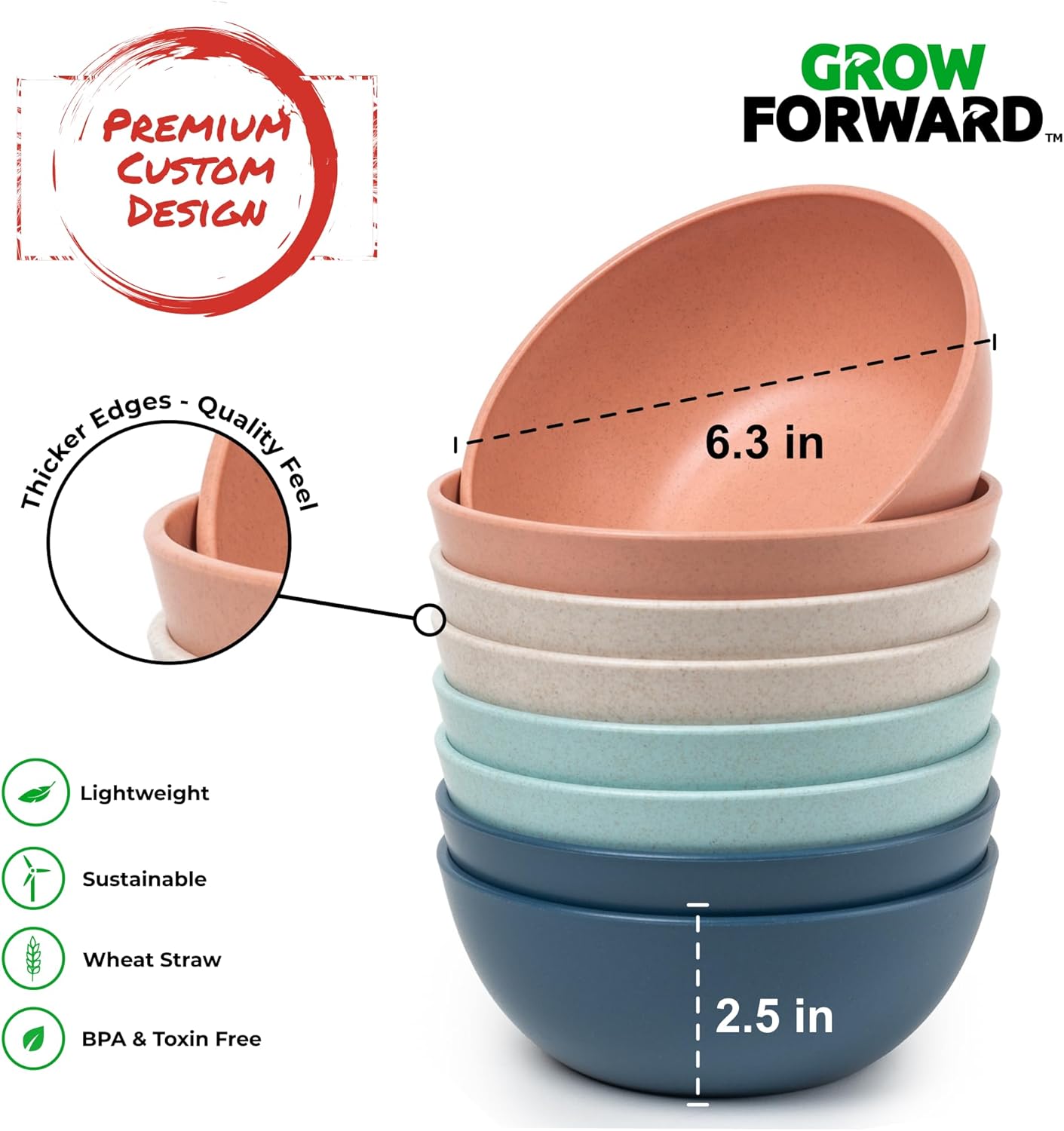 Grow Forward Premium Wheat Straw Bowls - 27oz Microwave Safe Plastic Cereal Bowls Set of 8 for Kitchen, Camping, RV, Dessert, Snack, Soup, Salad, Fruit - Reusable, Unbreakable & BPA Free - Tropical