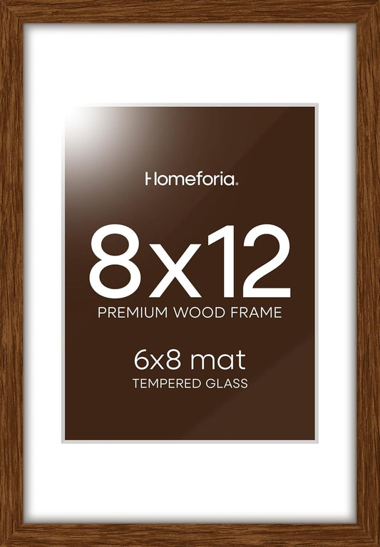 Homeforia 12x8 Picture Frame Brown, High End Dark Oak 8x12 Walnut Wooden Frames with Mat 6x8 Photo, 8 x 12 Wood Frame Matted to 6 by 8 Print, Wall or Tabletop Frame, Tempered Glass, Wall Kit, Set of 1