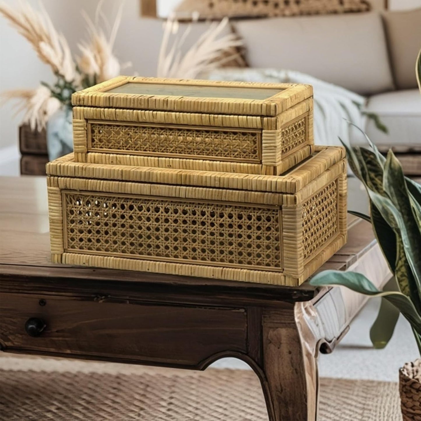 Rattan Box for Home Decor with Lid - Rectangular Coastal Bohemian Style Stackable Decorative Storage Box Set - Handmade from Natural Rattan, Cedar & Real Glass