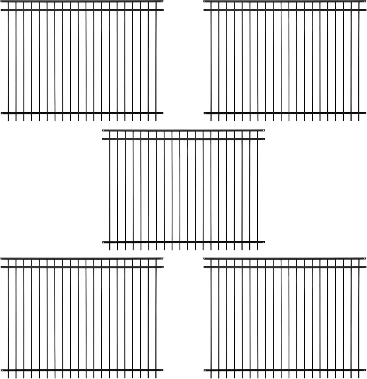 Fencer Wire Pack of 5 Heavy Duty Flat Top Fence Barrier Panel, 6FT Height X 8FT Width Anti-Rust Metal Fencing Panel, 2” Diameter Steel Outdoor Decorative Garden Fence Panel for Yard, Pool, Patio