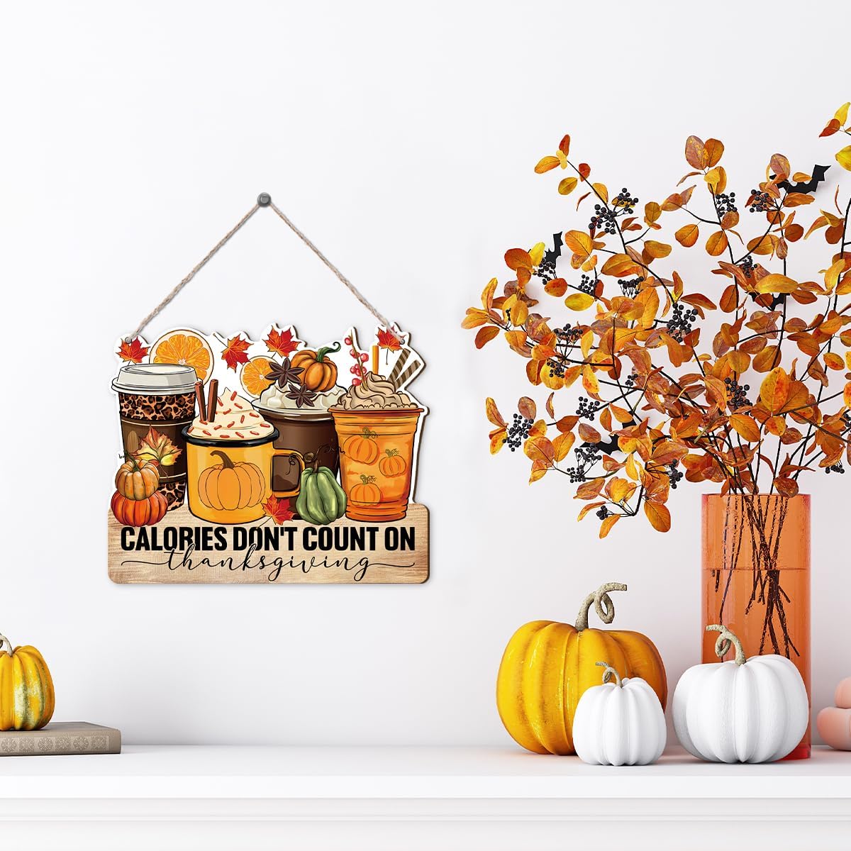Thanksgiving Door Sign Decor, Calories don't Count on Thanksgiving, Fall Autumn Seasonal Wall Art Hanging Wooden Sign Halloween Decorations for Home Party Outside Indoor, Housewarming Gift