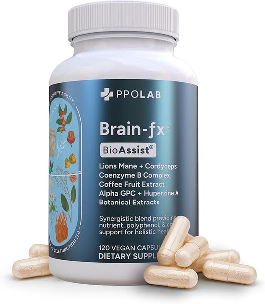 Brain-fx™ Daily Energy Focus Memory Mood Mind Nootropic Supplement - 5-MTHF Methyl B Vitamins, Coffee Fruit, L Theanine, Cordyceps, Lions Mane, Ginseng, Bacopa, Alpha GPC Choline 120 Vegan Capsules