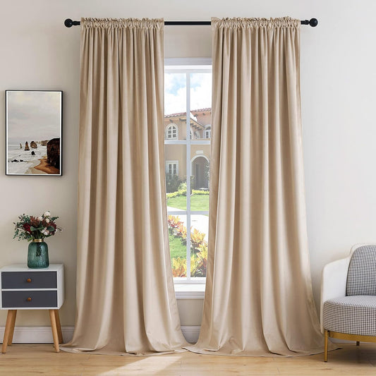 MIULEE Camel Beige Velvet Curtains Thermal Insulated Blackout Curtain Drapes for Bedroom Living Room Darkening 84 Inches Long Curtains Panels Rod Pocket Set of 2