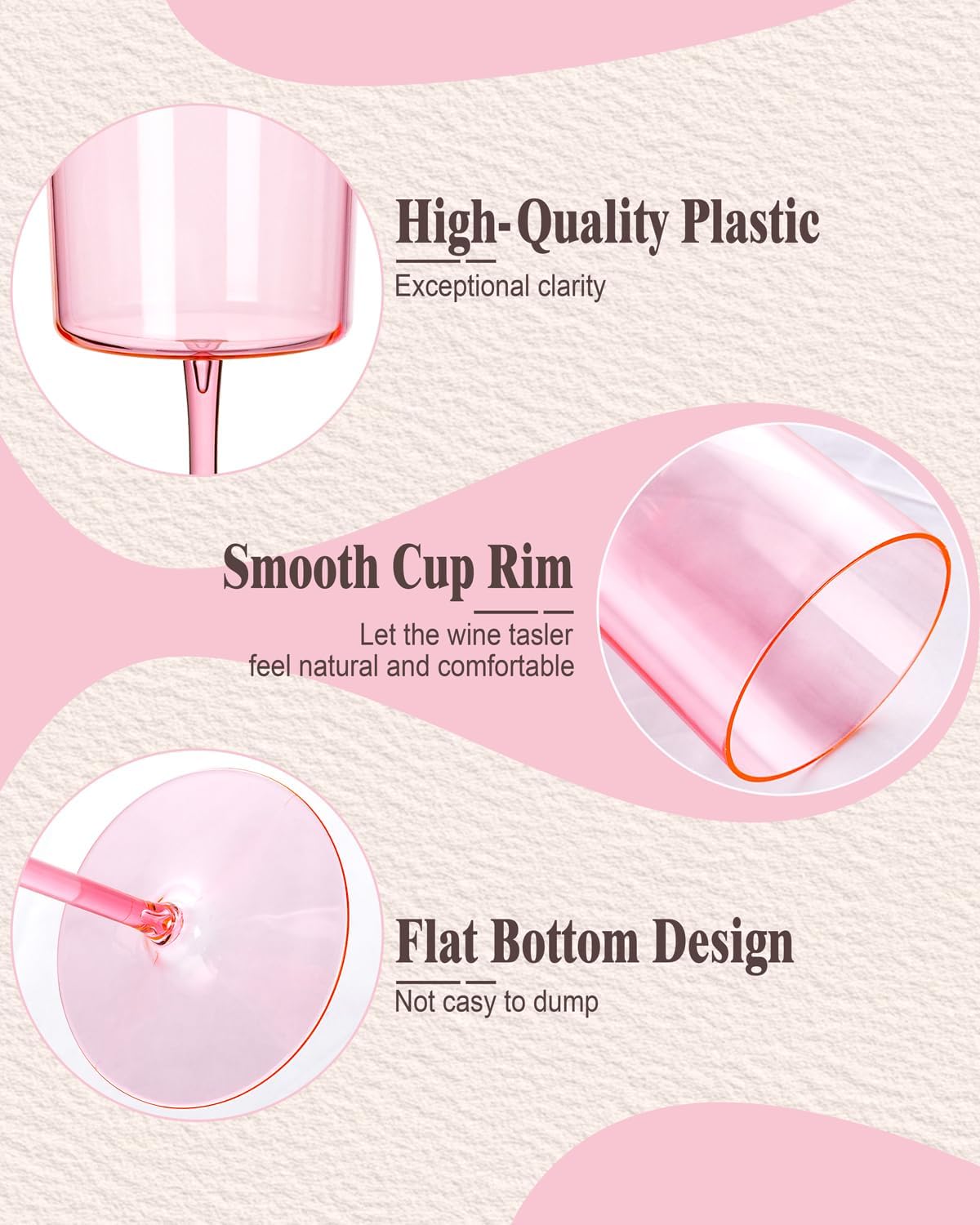 Ciaell 12 Pack Pink Plastic Wine Glasses - 10 Oz Disposable Wine Glasses with Stem for Parties & Weddings & Poolside & Outdoors & Camping