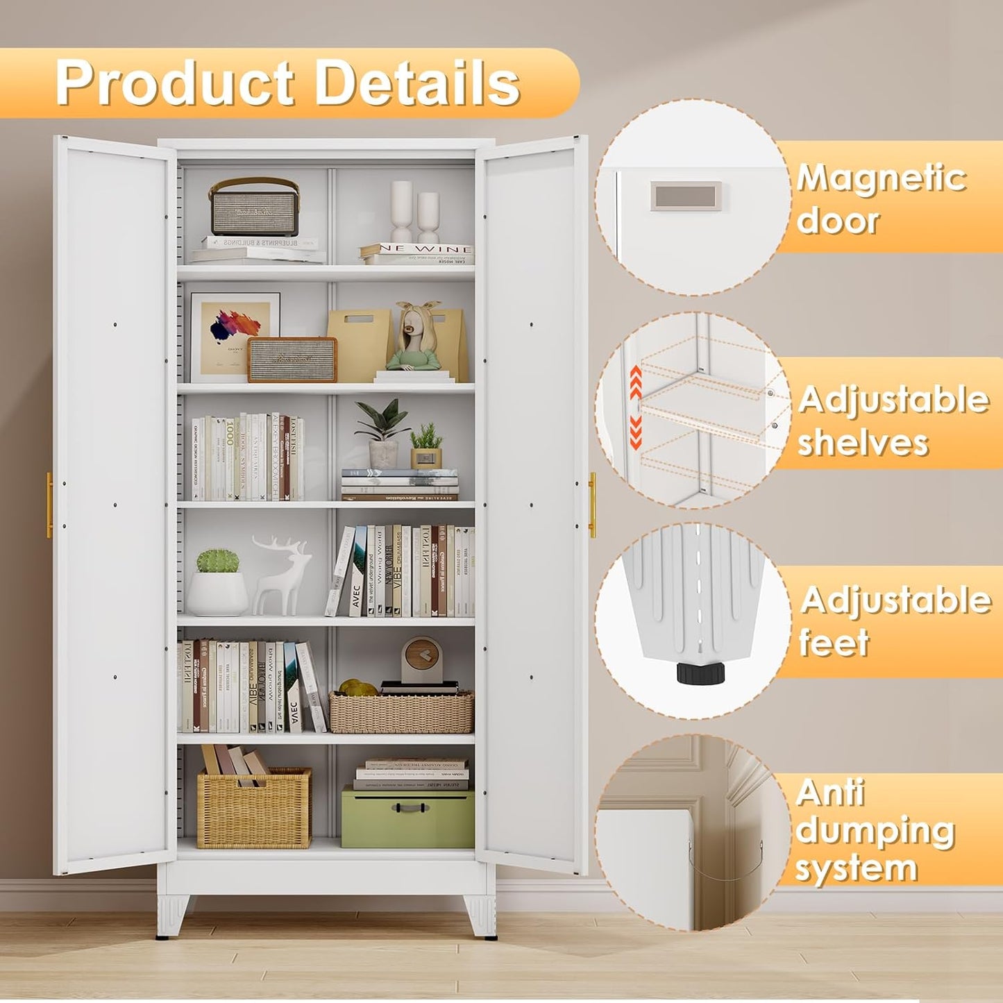 75" Tall Metal Kitchen Pantry Storage Cabinet, Freestanding Cupboard with 2 Doors and 5 Adjustable Shelves, Standing Storage for Kitchen, Bathroom, Garage, Dinning Room or Utility Room（White）