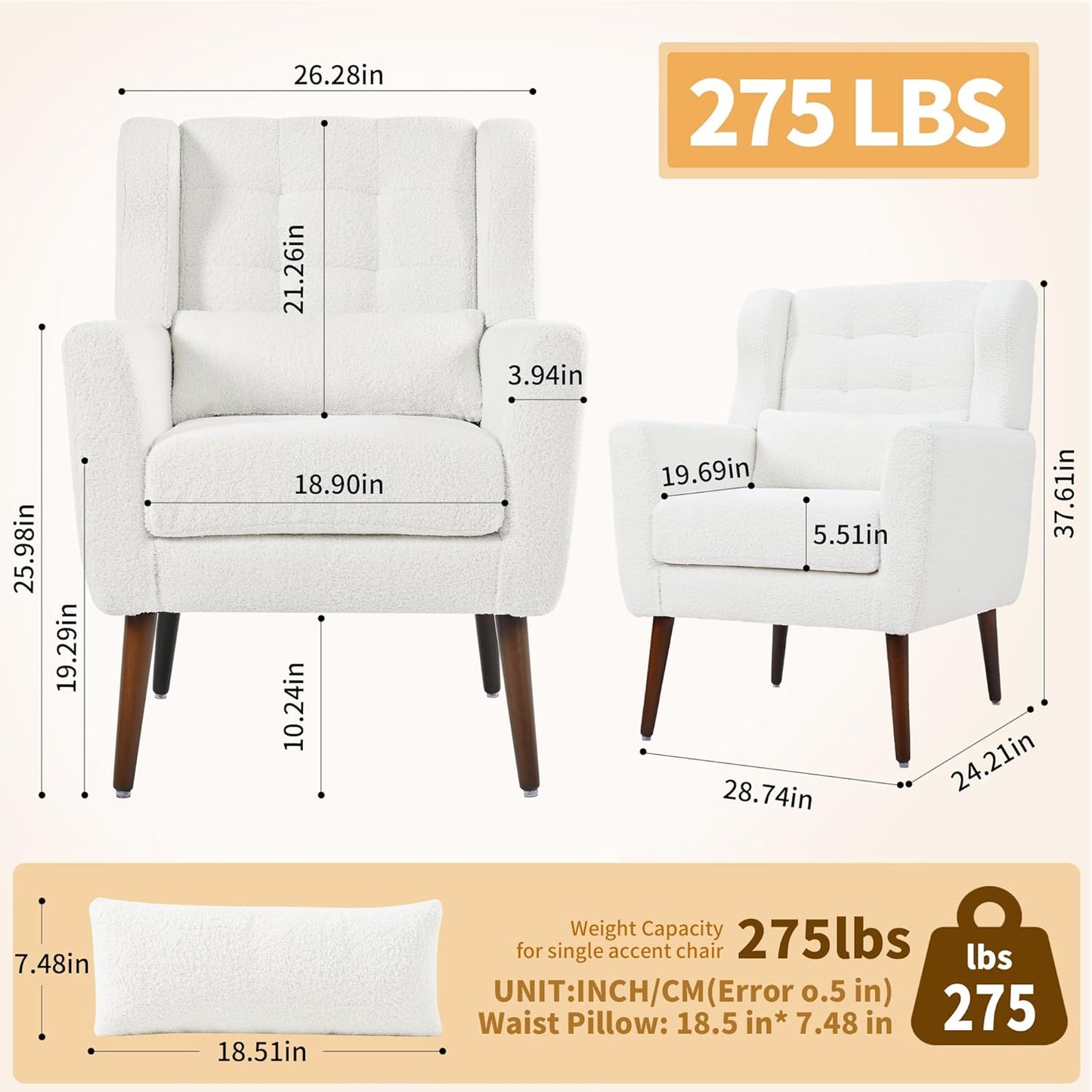 Accent Chair Set of 2, Upholstered Armchair with Pillow, Teddy Single Sofa with Lounge Seat and Wood Legs for Living Room Small Spaces