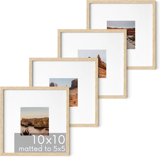 HAUS AND HUES Solid Oak Wood 10”x10”Picture Frames Matted to 5”x5” Set of 4-10x10 Photo Frame Set, Modern 10x10 Picture Frames with Mat, Square Photo Gallery Wall Frame Set (Beige Oak Frames)