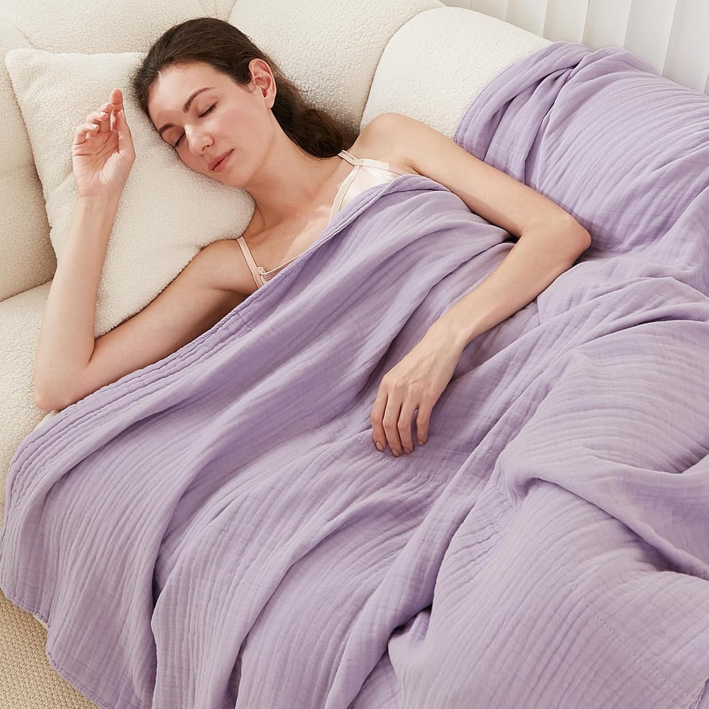 EMME Cotton Twin Blanket for Couch Soft Airy Muslin Bed Blankets Lightweight Breathable All Season Gauze, Lavender 60"x80"