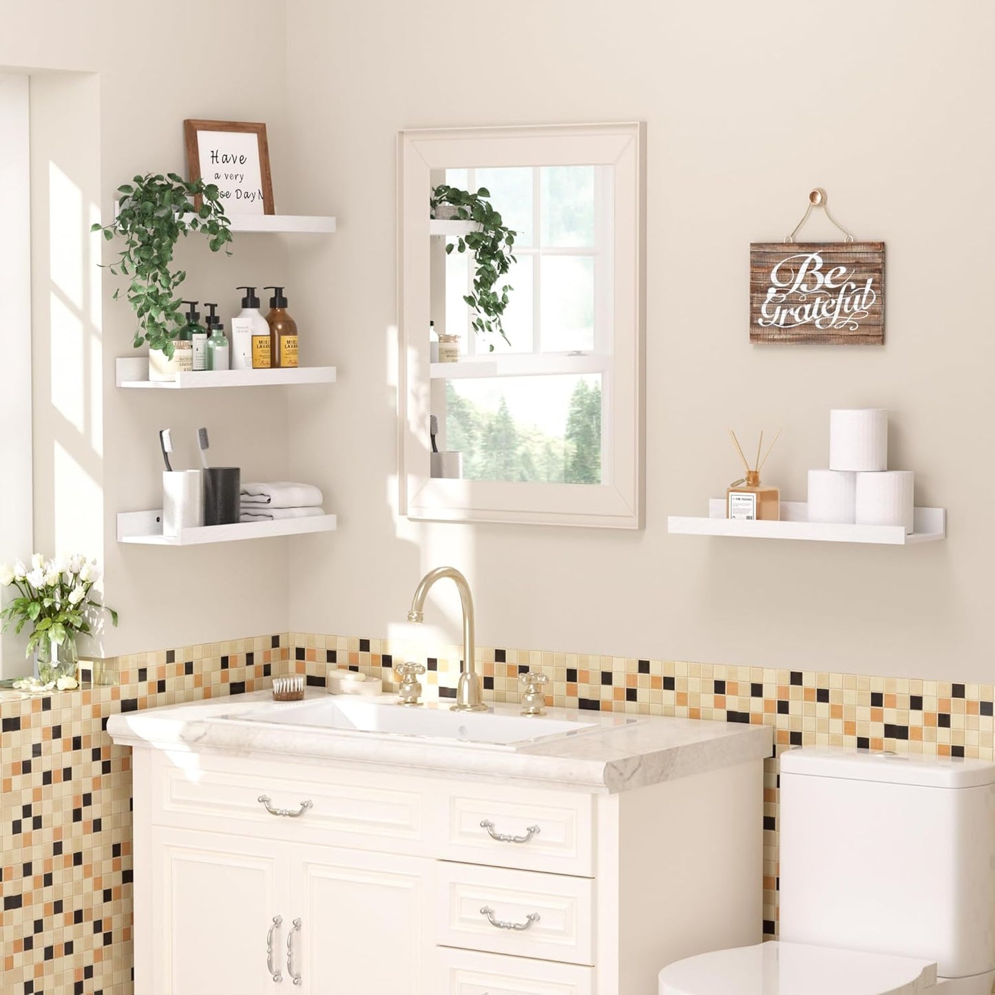 upsimples Floating Shelves for Wall, Wall Shelves for Decor Storage Set of 6, Wall Mounted Wood Shelf for Bedroom, Living Room, Bathroom, Kitchen, Picture Ledge Shelf, White