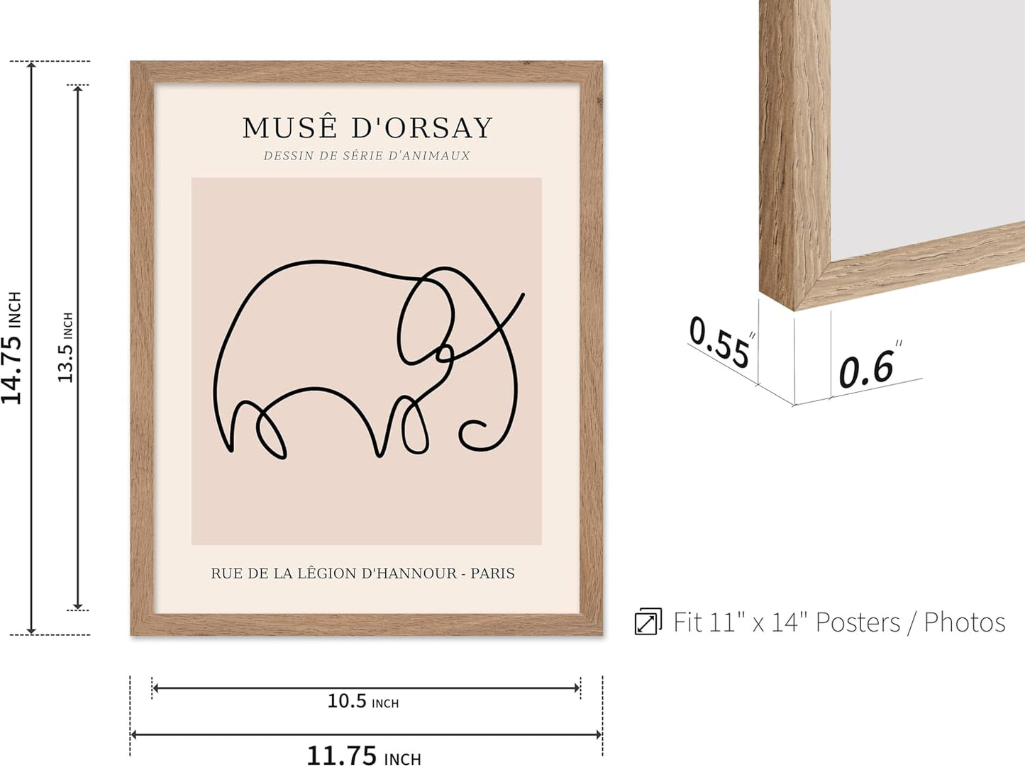 Poster Master Vintage Poster - Retro One Line Elephant Drawing Print - Elephant Art - Minimal Gift for Men, Women, Animal Lover - Abstract Wall Decor for Home, Office, 11x14 Beige Framed