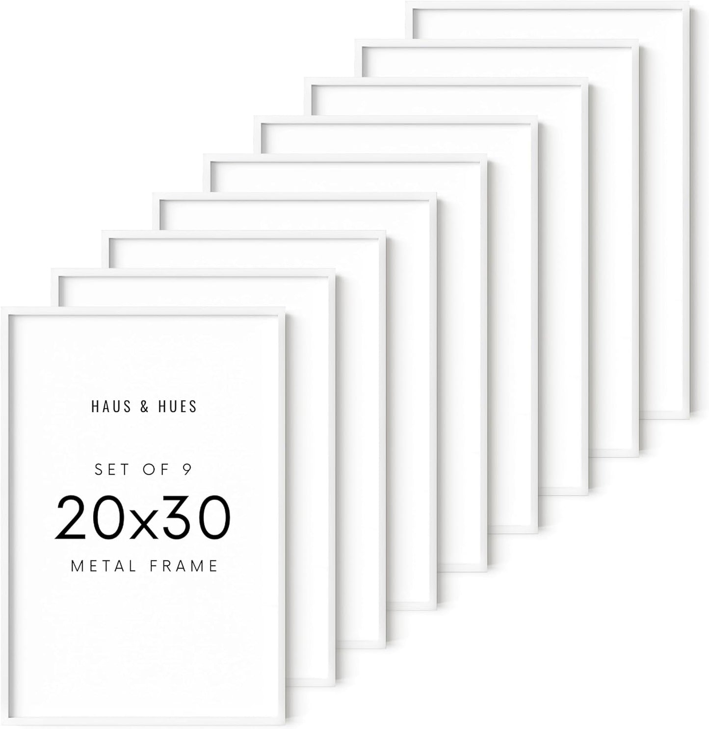 HAUS AND HUES 20x30 White Metal Picture Frames - Features Premium Aluminum, Vertical & Horizontal Hang, Shatterproof Plexiglass - Ideal for Home, Room, Office (20x30 in, White, Set of 9)