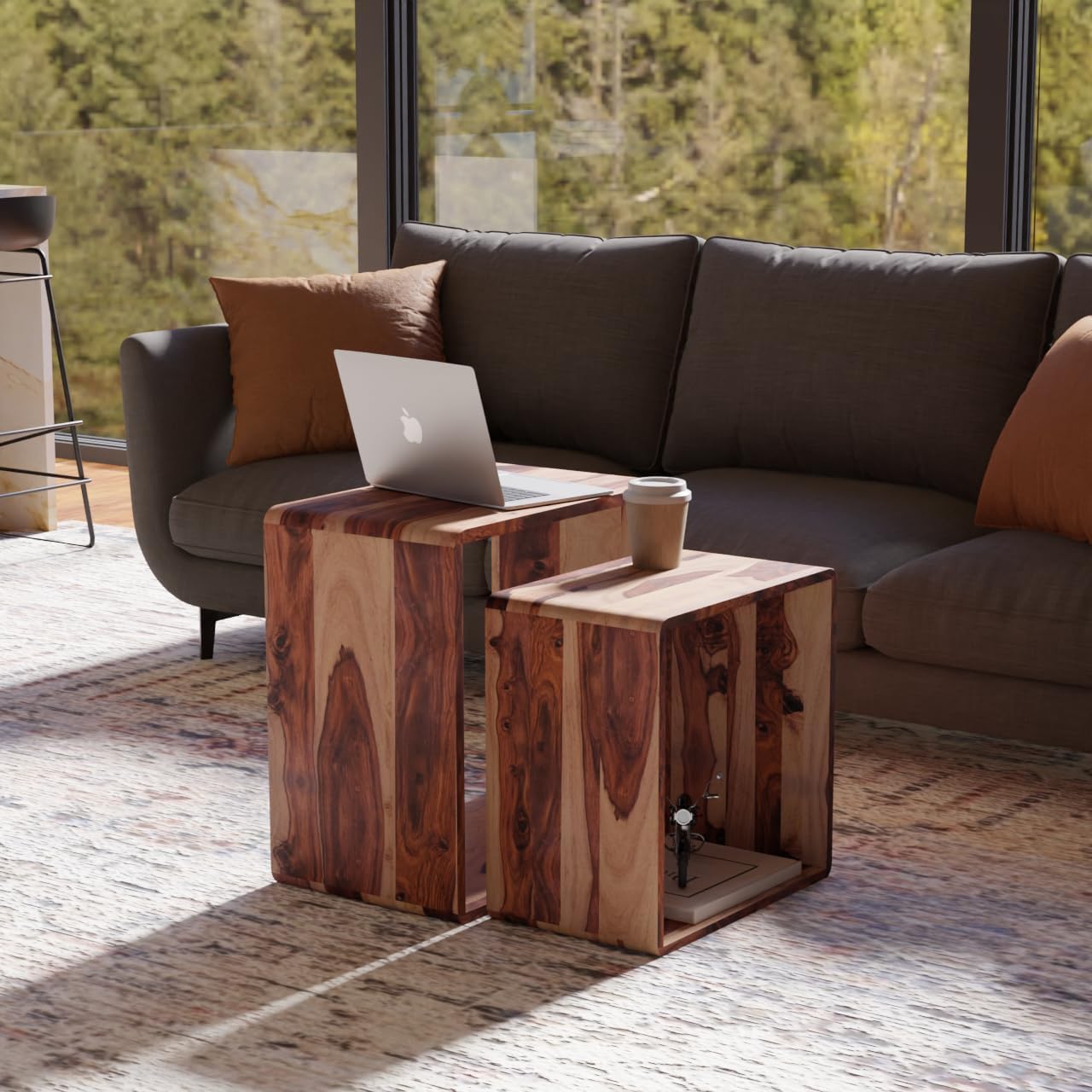 Relso Cascade Nesting Tables for Living Room with Premium Sheesham Wood Construction | Nesting End Tables with Smooth Curved Edges for Safety and Sophistication | Solid Wood Nesting Tables Set of 2