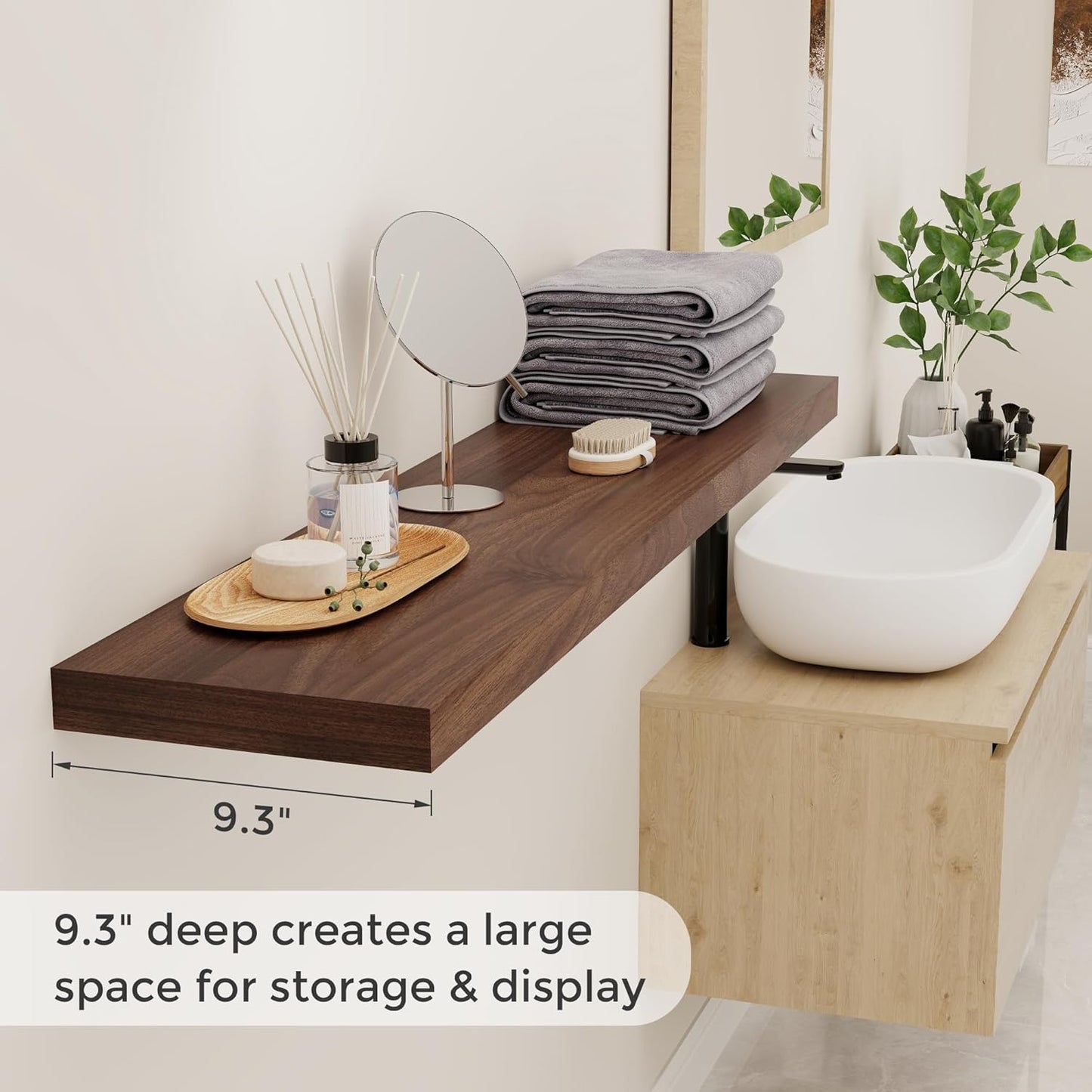 Floating Shelves 48 Inch Long, 48"W x 9"D Wall Shelf Invisible Bracket, 9 Inch Deep Floating Shelf for Wall, Rustic Wooden Shelves for Living Room, Kitchem, Bedroom, Walnut Color, Set of 1