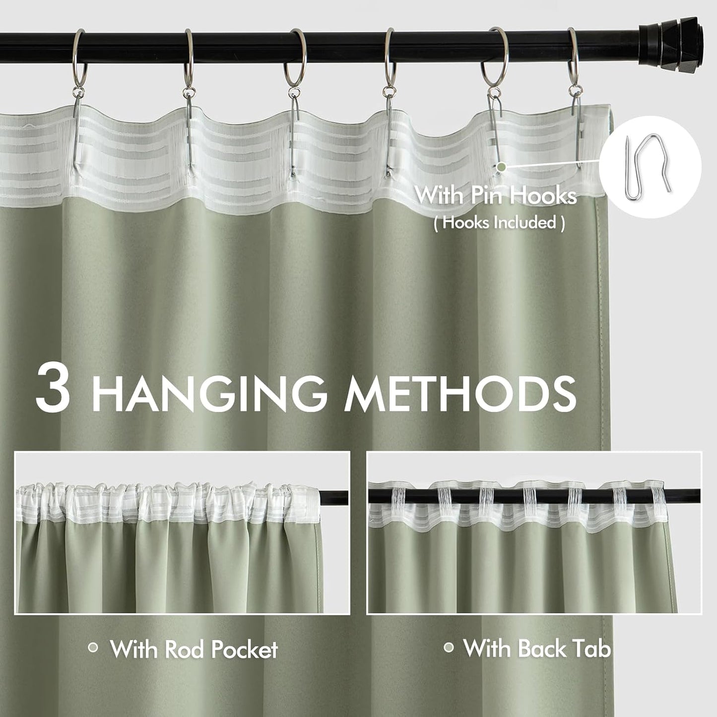 MIULEE Sage Green Back Tab Blackout Curtains 84 Inch Length 2 Panels Set for Living Room Bedroom Privacy, Rod Pocket/Pinch Pleated Thermal Insulated Room Darkening Light Blocking Drapes, W72xL84