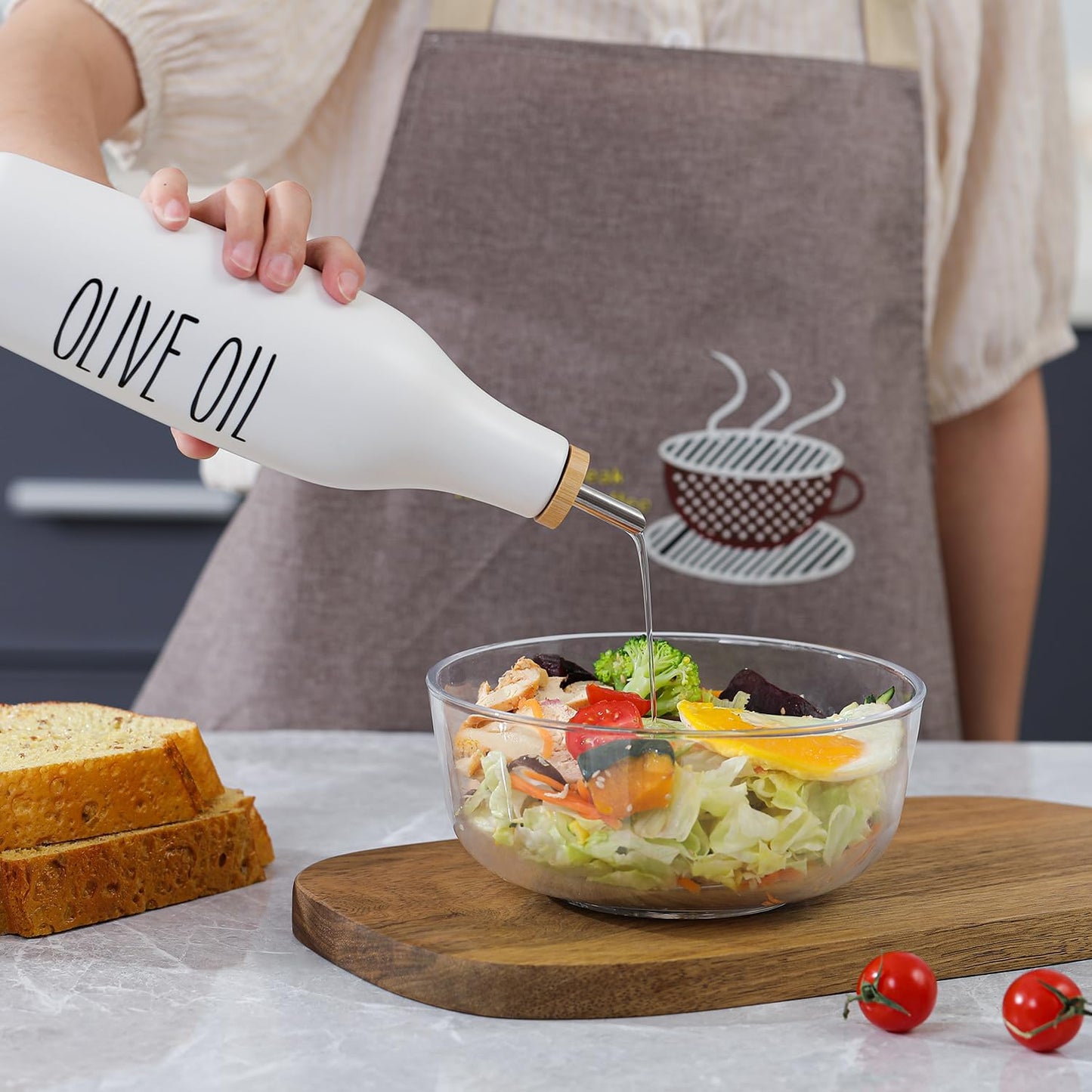 HOMCDALY Olive Oil and Vinegar Dispenser Set, 16oz Ceramic Oil Dispenser for Kitchen, Kitchen Dispenser Bottle for EVOO Vinegar Syrups, Modern Farmhouse Design | Set of 2 – P-White